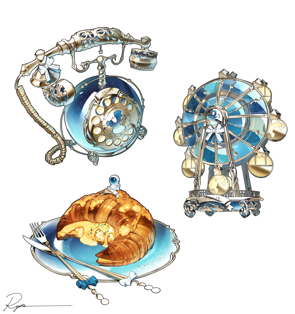 ryota (ry o ta), original, commentary, highres, symbol-only commentary, antique phone, blue bow, bow, croissant, ferris wheel, food, fork, knife, no humans, phone, plate, rotary phone, signature, simple background, white background