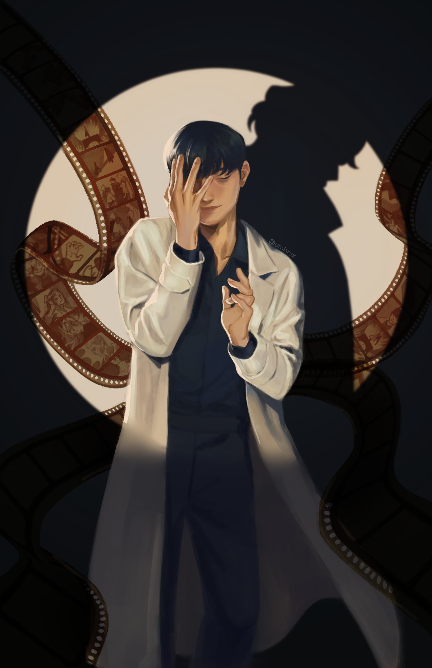 umbrvx, kim dokja, yoo joonghyuk, omniscient reader's viewpoint, absurdres, commentary, english commentary, highres, 1boy, black hair, black shirt, closed eyes, coat, collared shirt, covering one eye, different shadow, feet out of frame, film reel, hand up, head tilt, open clothes, open coat, partially shaded face, shirt, short hair, spotlight, standing, white coat