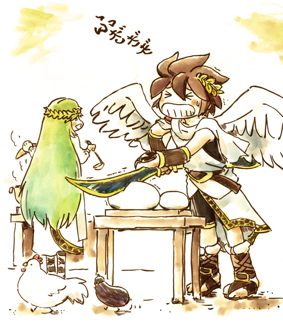 palutena, pit (kid icarus), kid icarus, kid icarus uprising, nintendo, commentary request, > <, 1boy, 1girl, angel, angel wings, bird, blush stickers, brown hair, chicken, cooking, cooking pot, eggplant, food, holding, holding ladle, ladle, laurel crown, long hair, mochi, palutena bow (kid icarus), very long hair, wings, zeppann