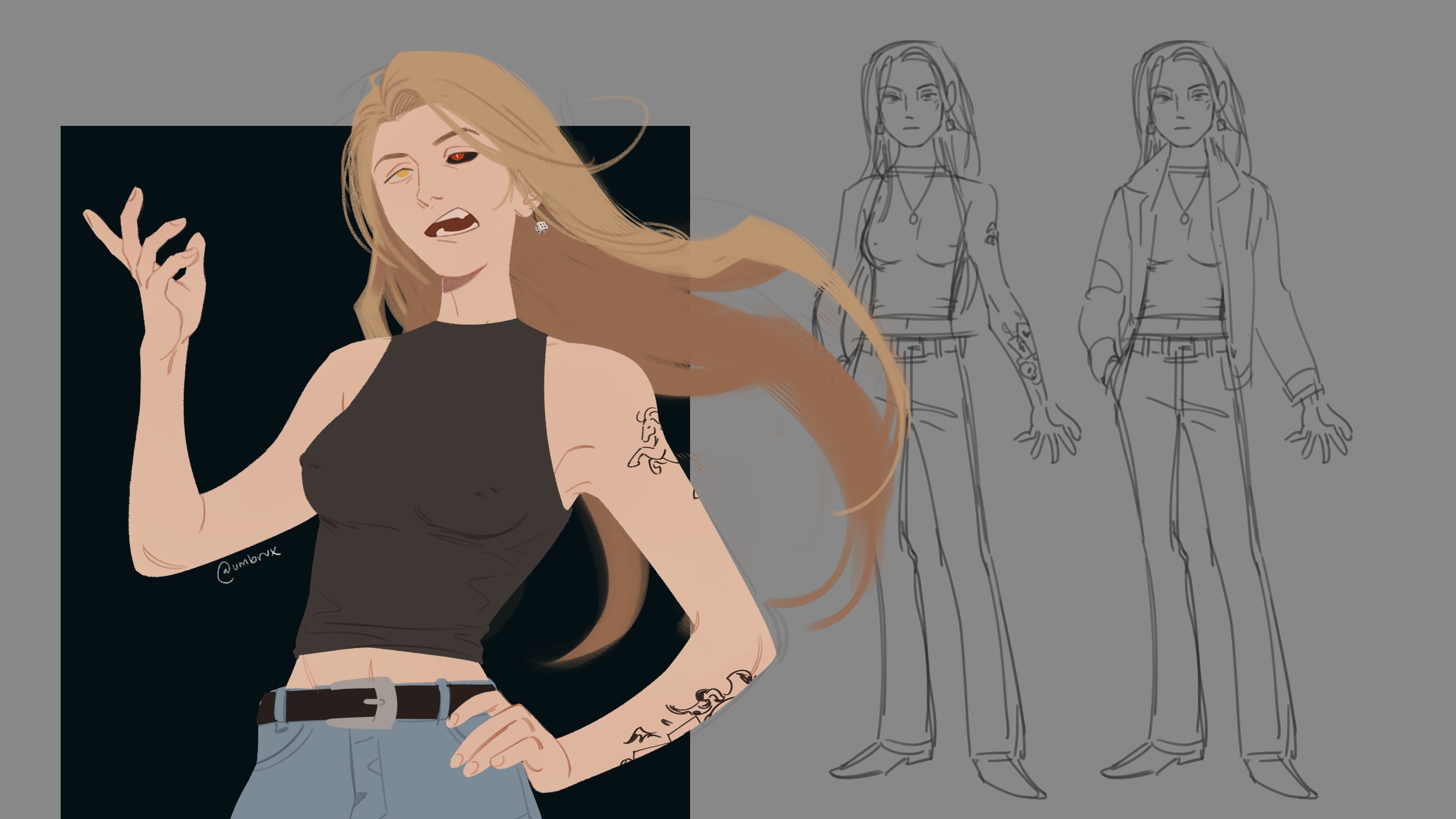 umbrvx, omniscient reader's viewpoint, absurdres, commentary, english commentary, highres, 1girl, alternate costume, anna croft, arm tattoo, armpits, belt, black sclera, black shirt, blonde hair, colored sclera, denim, earrings, floating hair, hand on own hip, jacket, jeans, jewelry, long hair, midriff, one eye closed, pants, red eyes, shirt, sleeveless, sleeveless shirt, tattoo, wind