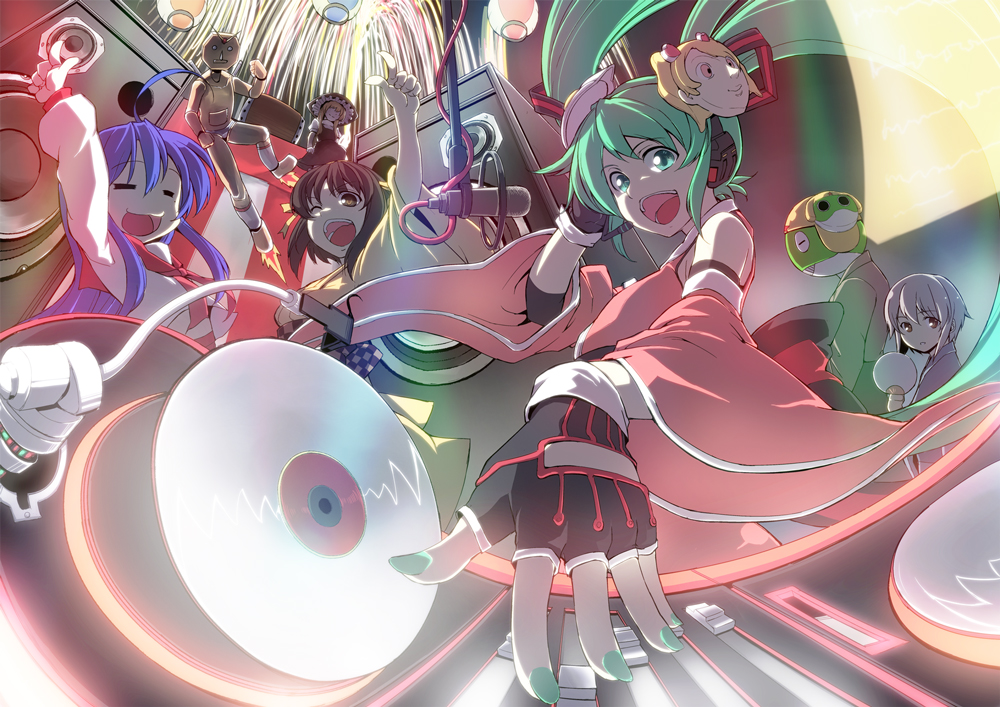 hidori (hibi toridori), hatsune miku, izumi konata, keroro, kirisame marisa, nagato yuki, suzumiya haruhi, keroro gunsou, lucky star, suzumiya haruhi no yuuutsu, touhou, vocaloid, 00s, 5girls, blonde hair, crossover, dj, fingerless gloves, gloves, hand fan, headphones, japanese clothes, kimono, mask, microphone, multiple crossover, multiple girls, open mouth, phonograph, speaker, studio microphone, turntable, vinyl record