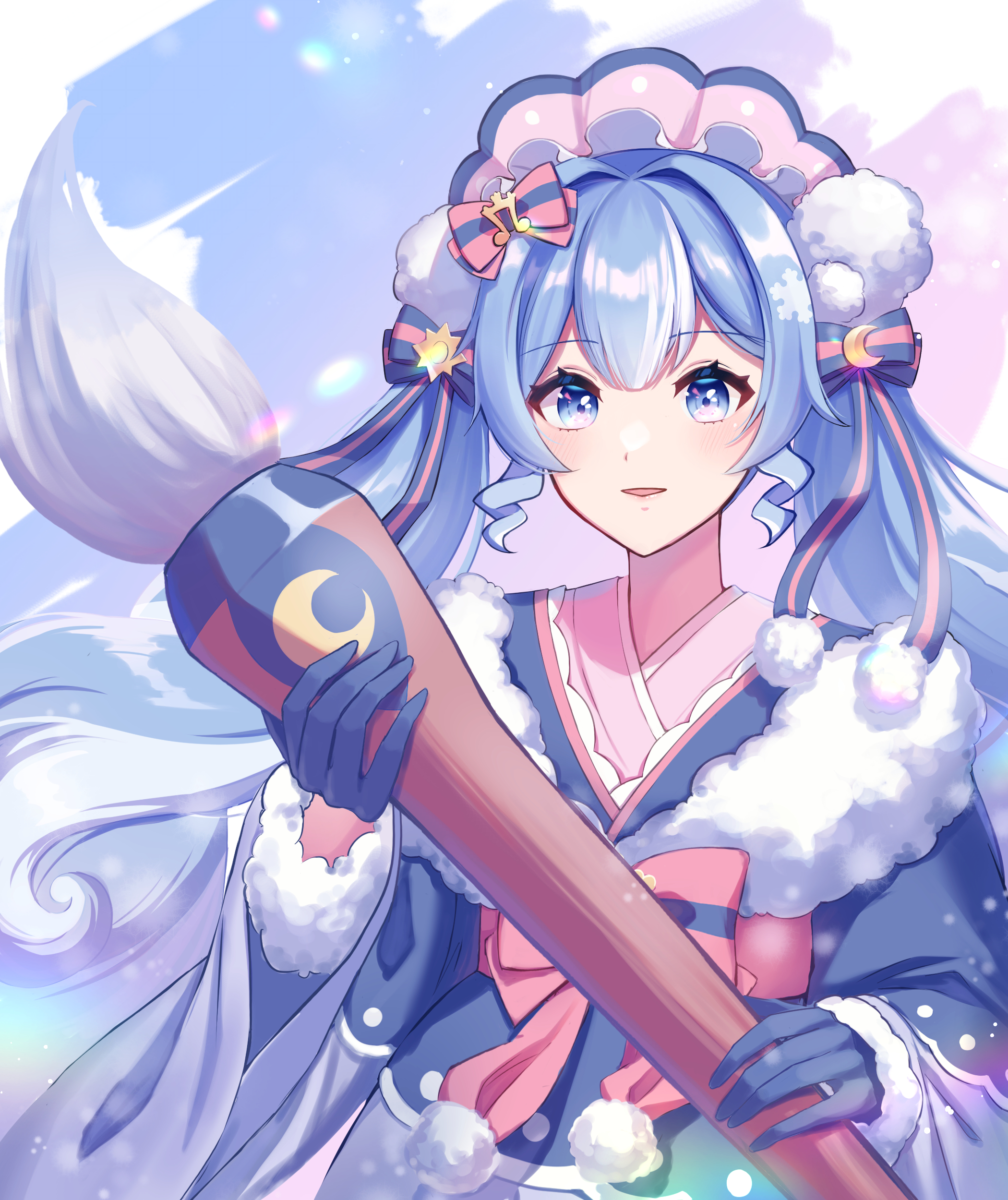 hashiba (haruo shiba), hatsune miku, yuki miku, yuki miku (2023), vocaloid, absurdres, commentary, highres, 1girl, blue bow, blue eyes, blue gloves, blue hair, blue kimono, bonnet, bow, crescent, gloves, hair bow, holding, holding paintbrush, japanese clothes, kimono, long hair, looking at viewer, paintbrush, pink bow, pom pom (clothes), snowflakes, solo, striped bow, sun, twintails, very long hair