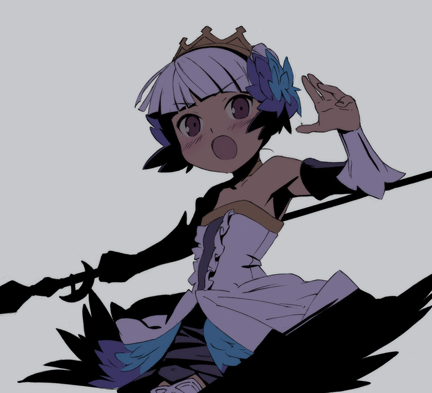 kanzaki hiro, gwendolyn (odin sphere), odin sphere, bad id, bad pixiv id, 1girl, blunt bangs, center frills, child, crown, dress, female focus, flat chest, frills, gold trim, holding behind back, holding polearm, holding polearm behind back, holding weapon, holding weapon behind back, muted color, polearm, purple eyes, purple hair, short hair, solo, spear, strapless, strapless dress, weapon