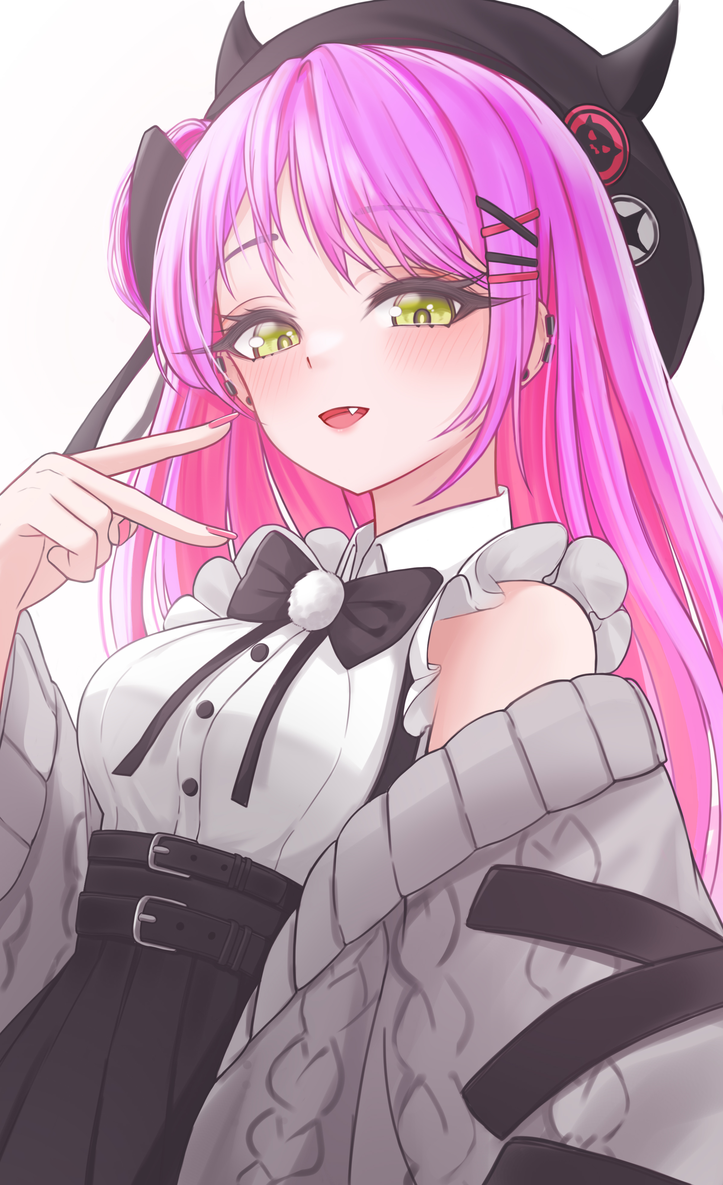 ruo1001, tokoyami towa, tokoyami towa (jirai kei), hololive, absurdres, commentary request, highres, 1girl, beret, black hat, black skirt, blush, cardigan, fang, green eyes, grey cardigan, hair ornament, hairpin, hat, looking at viewer, multicolored hair, nail polish, official alternate costume, official alternate hairstyle, open mouth, pink hair, pink nails, purple hair, shirt, skirt, smile, solo, streaked hair, v, virtual youtuber, white shirt, x hair ornament