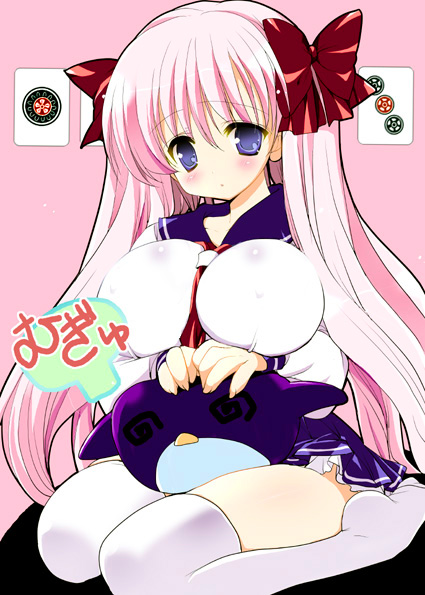 nekoyashiki nekomaru, haramura nodoka, saki (manga), bad id, bad pixiv id, 00s, 1girl, between breasts, bird, blush, board game, breasts, doll, female focus, huge breasts, long hair, mahjong, penguin, pink hair, school uniform, solo, twintails, very long hair