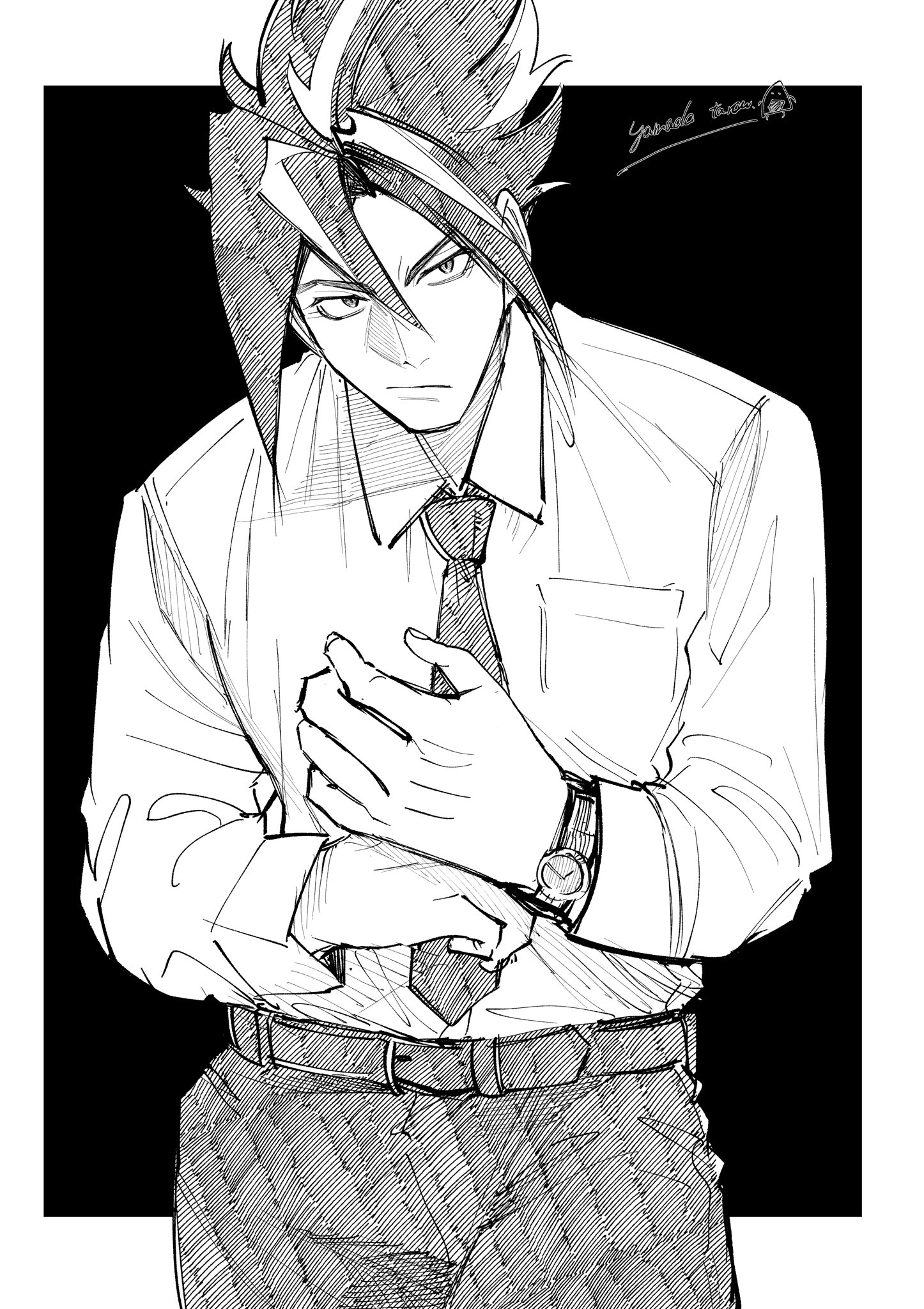 anton ivanov, zenless zone zero, highres, 03 kyv, 1boy, :/, alternate costume, artist name, belt, black background, black hair, border, closed mouth, cowboy shot, greyscale, hair between eyes, looking at viewer, male focus, monochrome, multicolored hair, necktie, pants, shirt, shirt tucked in, solo, spiked hair, streaked hair, v-shaped eyebrows, watch, white border, white shirt, wristwatch