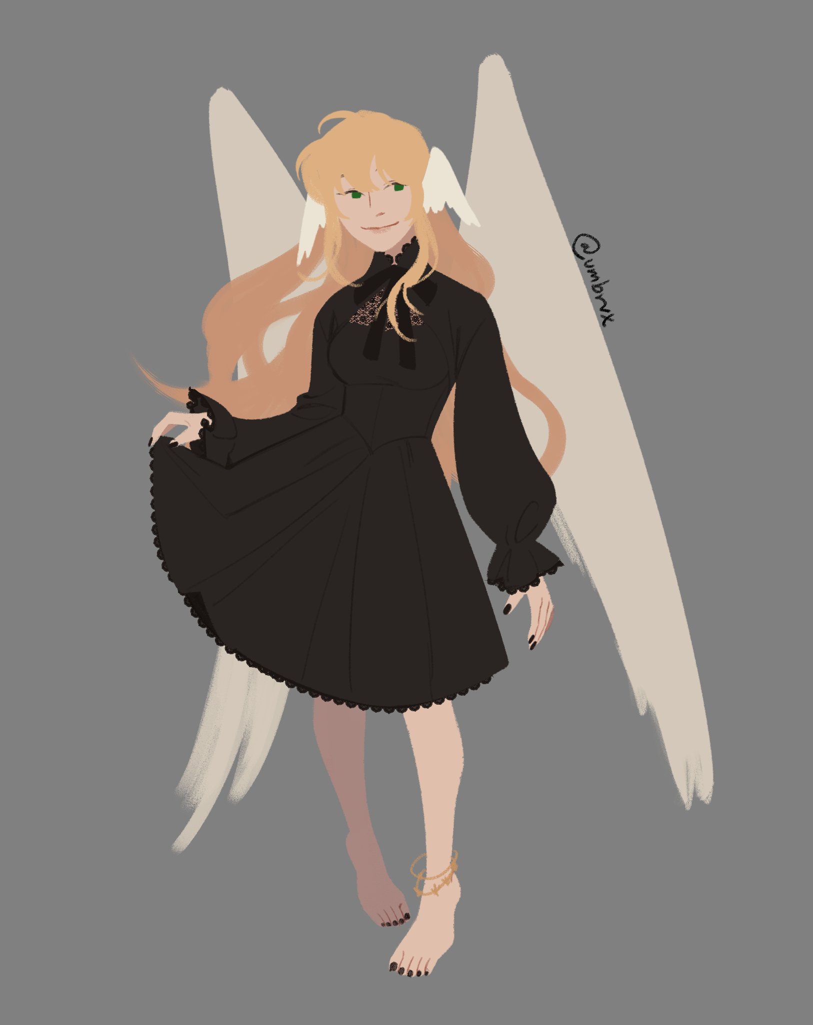 umbrvx, uriel (omniscient reader's viewpoint), omniscient reader's viewpoint, commentary, english commentary, highres, 1girl, anklet, barefoot, black dress, black nails, blonde hair, clothes lift, contrapposto, dress, dress lift, feathered wings, full body, green eyes, head wings, jewelry, long hair, looking at viewer, neck ribbon, no lineart, ribbon, smile, solo, very long hair, walking towards viewer, white wings, wings