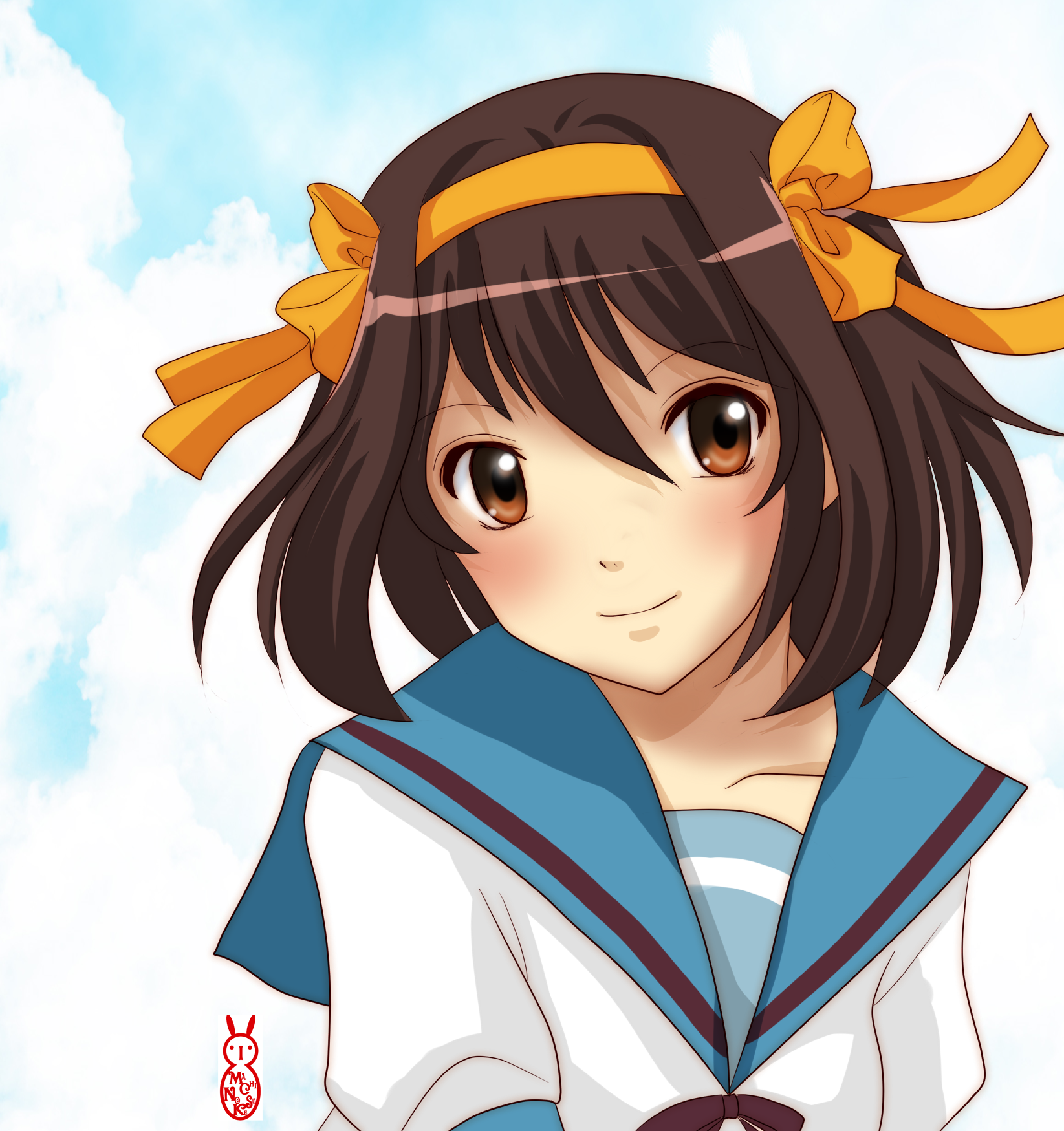 machinosuke, suzumiya haruhi, suzumiya haruhi no yuuutsu, bad id, bad pixiv id, highres, 00s, 1girl, blush, bow, brown eyes, brown hair, close-up, female focus, hair ribbon, hairband, outdoors, ribbon, school uniform, serafuku, short hair, sky, smile, solo