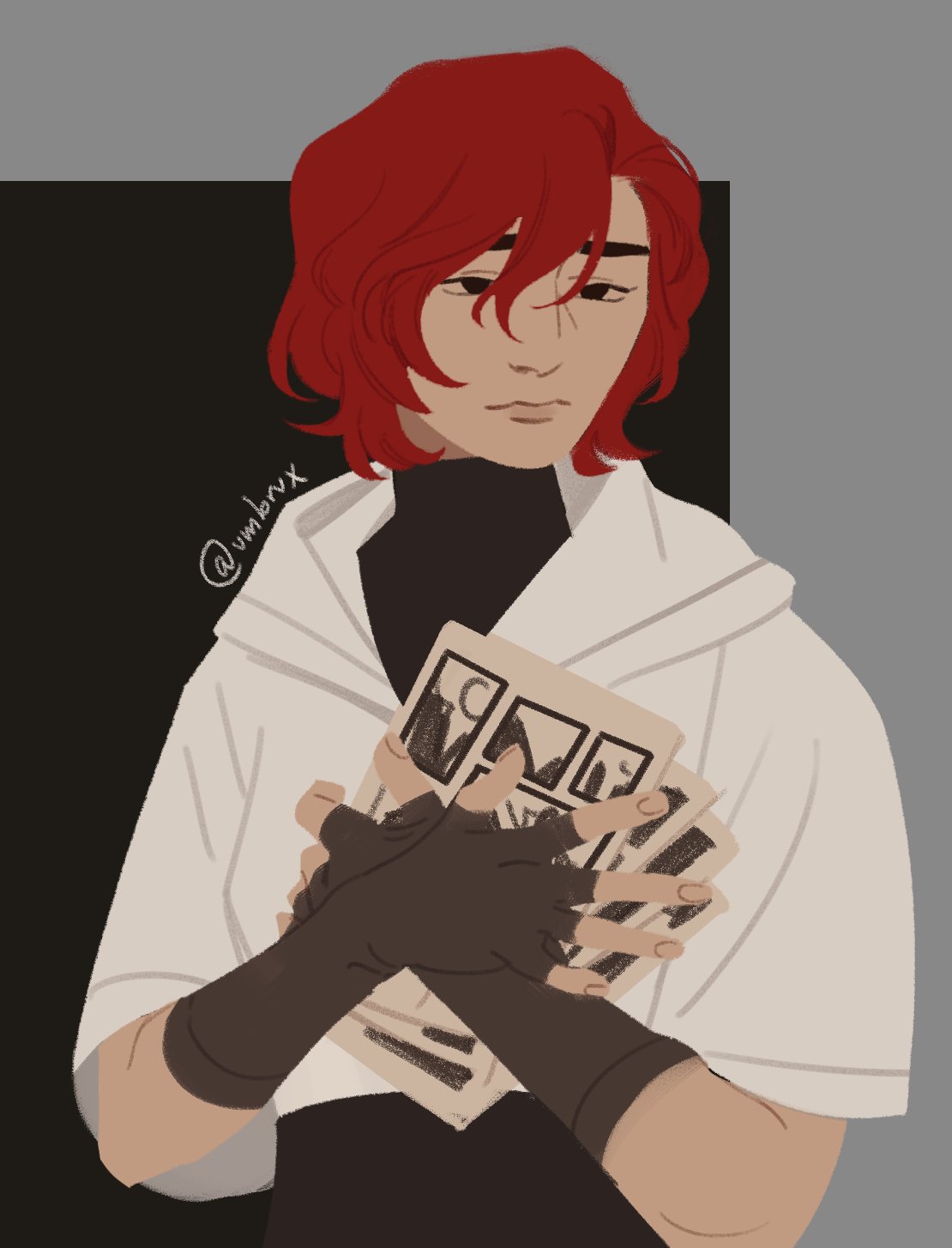 umbrvx, omniscient reader's viewpoint, commentary, english commentary, highres, 1girl, asuka ren, black eyes, black gloves, black shirt, fingerless gloves, gloves, hood, hood down, hugging object, jacket, looking at viewer, no lineart, paper, red hair, shirt, short hair, solo, upper body, white jacket, worried