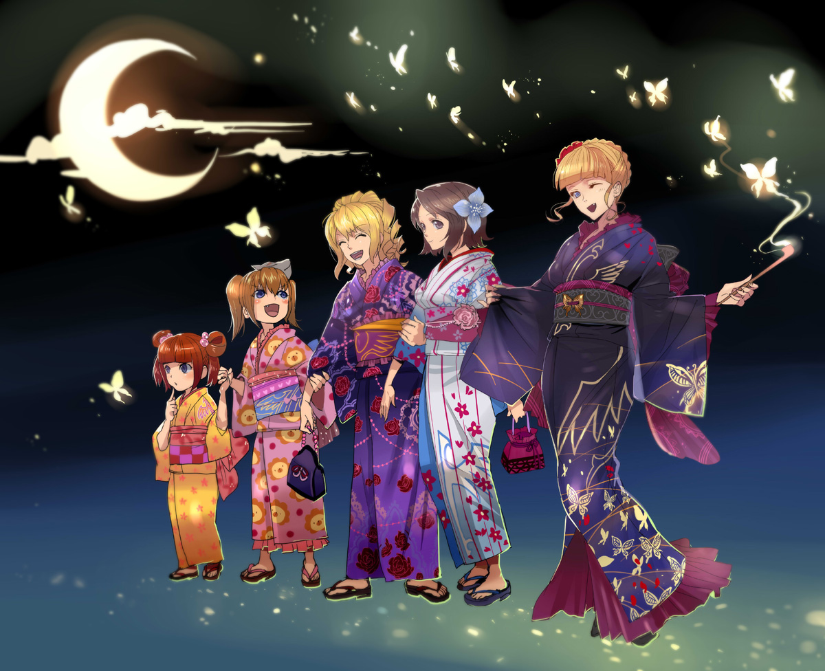 agasang, beatrice (umineko), shannon (umineko), ushiromiya ange, ushiromiya jessica, ushiromiya maria, umineko no naku koro ni, 00s, 5girls, aged down, bag, blonde hair, blue eyes, blush, brown hair, bug, butterfly, child, crescent moon, fang, flip-flops, hair bobbles, hair ornament, happy, holding hands, insect, japanese clothes, kimono, kiseru, moon, multiple girls, night, open mouth, red hair, sandals, smile, smoking pipe, yukata