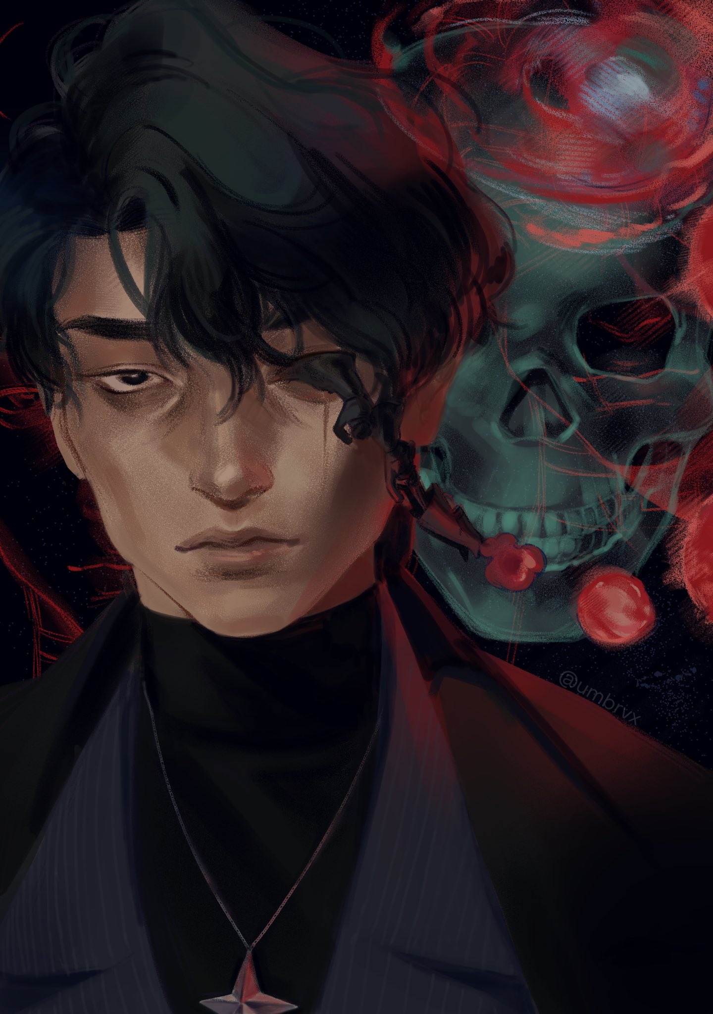 umbrvx, kim dokja, secretive plotter, yoo joonghyuk, omniscient reader's viewpoint, highres, 1boy, 2others, bags under eyes, black coat, black eyes, black hair, black shirt, body horror, climbing, coat, deadpan, full body, jewelry, looking at viewer, mini person, miniboy, multiple others, necklace, scar, scar across eye, scar on face, shirt, short hair, size difference, skull, striped clothes, striped vest, vest