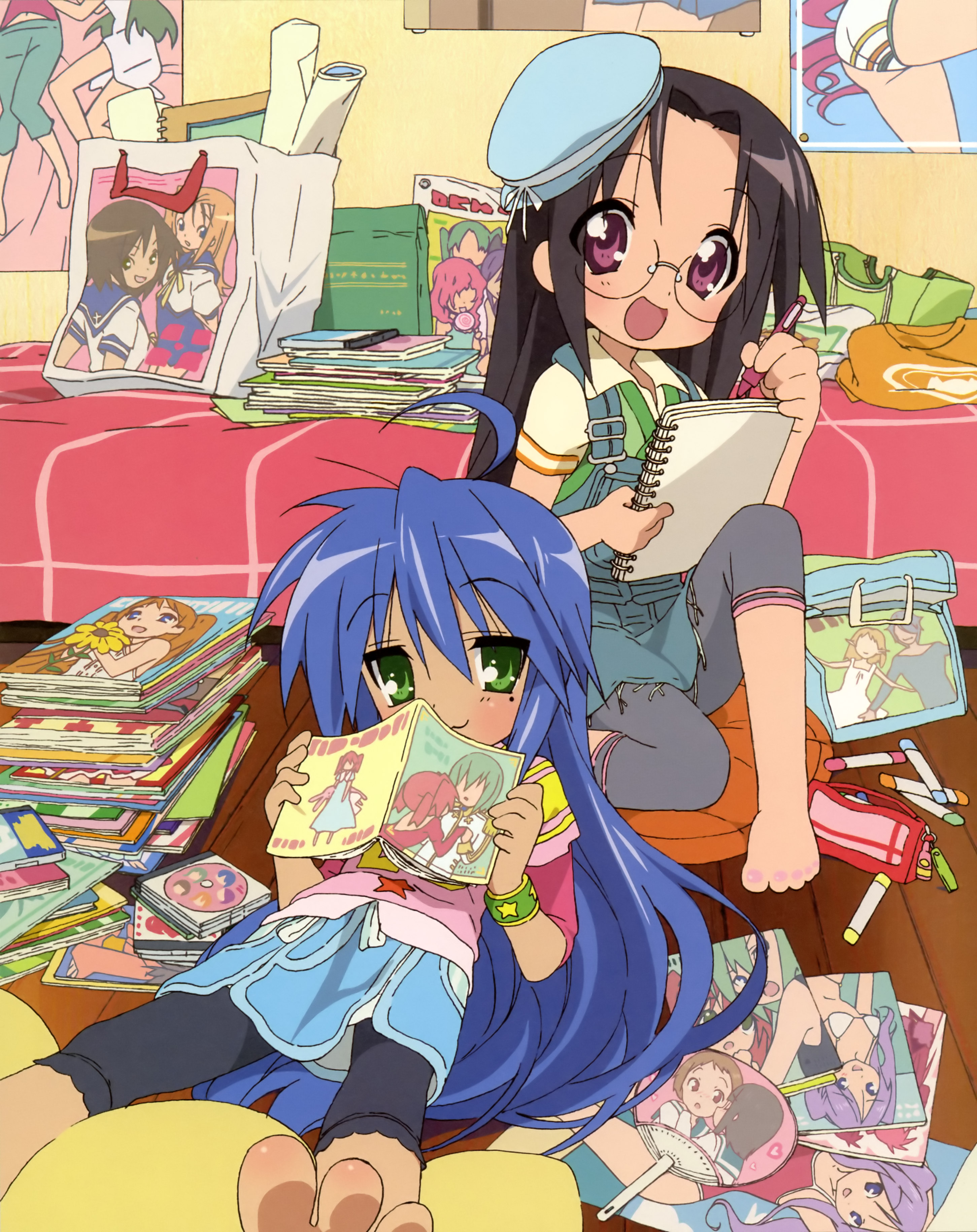 nishiya futoshi, izumi konata, tamura hiyori, lucky star, absurdres, highres, official art, 00s, 2girls, ahoge, barefoot, blue hair, blush, brown hair, cd, crayon, feet, green eyes, long hair, mole, mole under eye, multiple girls, open mouth, pencil, posters, purple eyes, toes