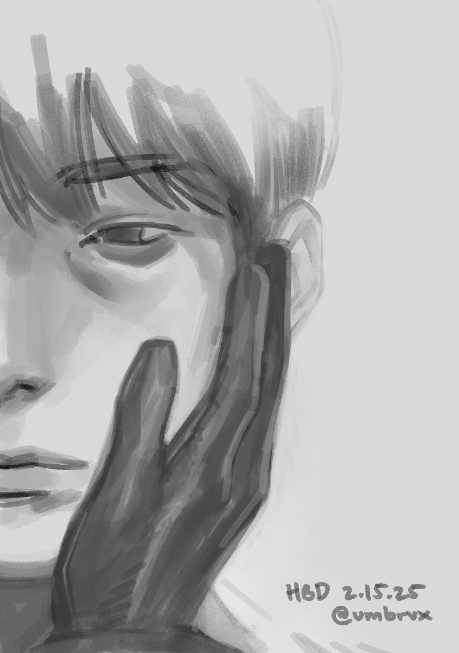 umbrvx, kim dokja, yoo joonghyuk, omniscient reader's viewpoint, commentary, english commentary, highres, 1boy, bags under eyes, expressionless, gloves, greyscale, hand on another's face, happy birthday, looking at viewer, male focus, monochrome, pov, pov hands, short hair, solo, split crop