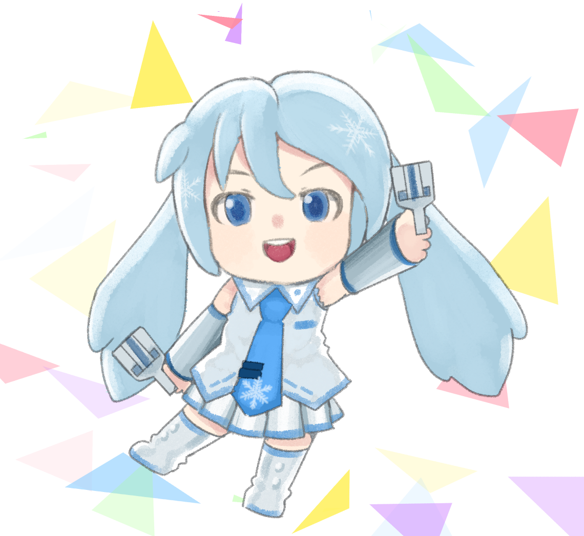 asanome, hatsune miku, mikudayo, yuki miku, yuki miku (2010), vocaloid, commentary request, 1girl, :d, blue eyes, blue hair, blue necktie, collared shirt, detached sleeves, full body, holding, leg up, long sleeves, necktie, open mouth, pleated skirt, shirt, shoes, skirt, smile, snowflakes, solo, standing, teeth, tie clip, tongue, triangle, twintails, upper teeth only, white background, white shirt, white shoes, white skirt, white sleeves, yosakoi