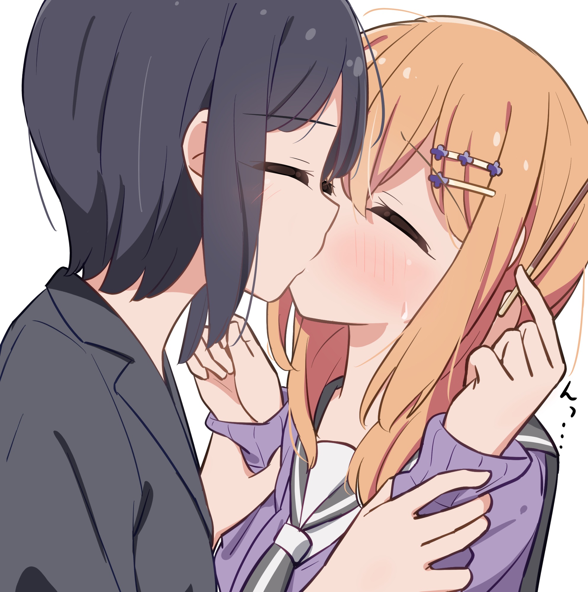 miruzawa akechi, enami kiyose, tokura eiko, slow start, commentary request, highres, 2girls, black hair, black jacket, blush, cardigan, closed eyes, food, holding, holding another's wrist, holding food, holding pocky, jacket, kiss, long hair, multiple girls, open mouth, orange hair, pocky, purple cardigan, short hair, sweat, teacher and student, yuri