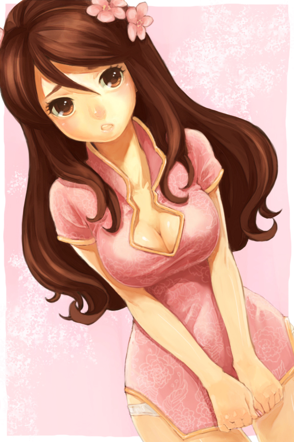 kumatani, taiwan (hetalia), axis powers hetalia, original, bad id, bad pixiv id, 00s, 1girl, breasts, brown eyes, brown hair, china dress, chinese clothes, cleavage, cleavage cutout, clothing cutout, dress, female focus, flower, large breasts, long hair, lowleg, lowleg panties, panties, shy, solo, underwear