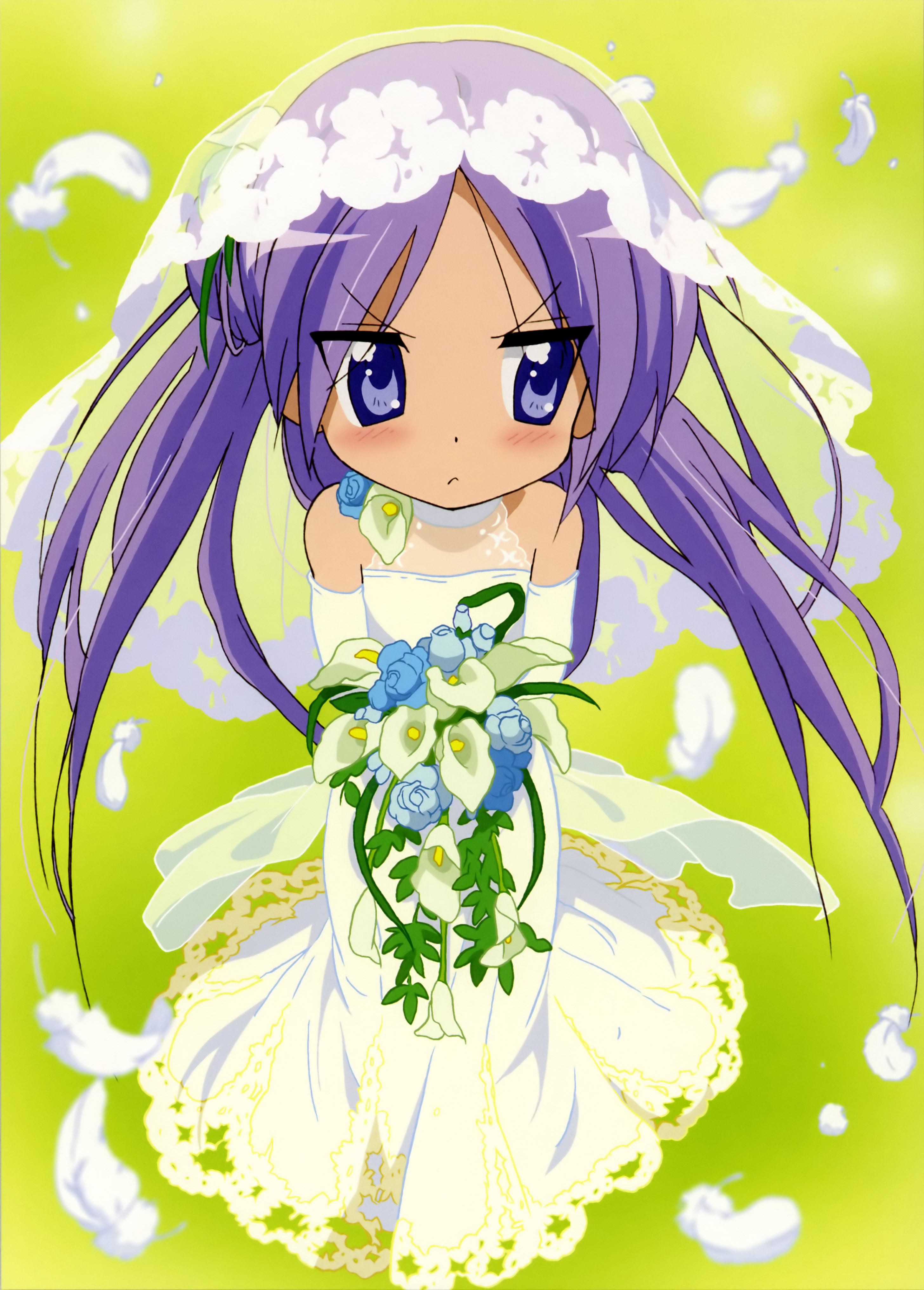 ueno chiyoko, hiiragi kagami, lucky star, light purple hair, looking away, absurdres, highres, 00s, :<, blue eyes, blush, bouquet, bridal veil, bride, dress, flower, frown, solo, veil, wedding dress