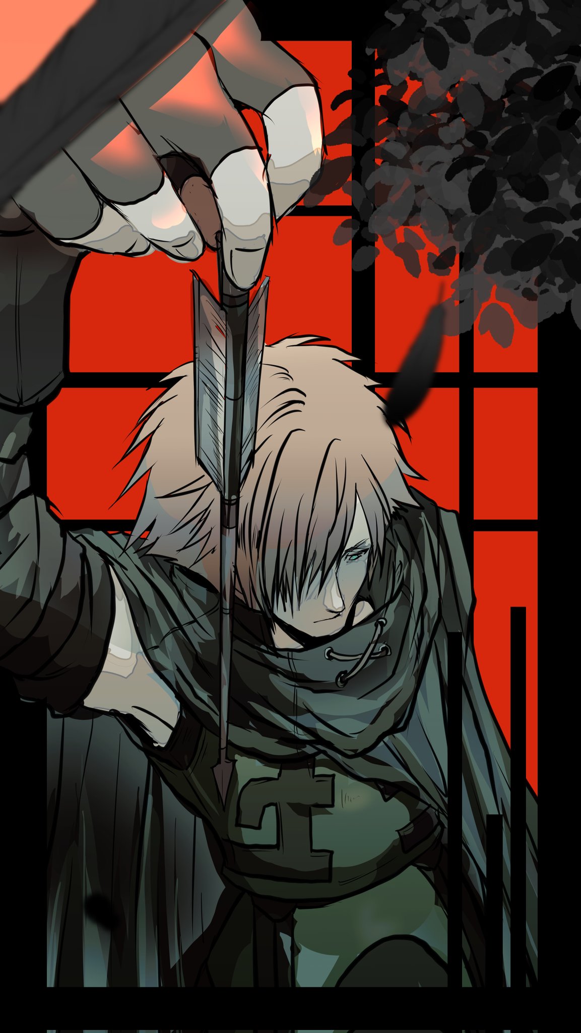 robin hood (fate), fate/extra, fate (series), commentary request, highres, 1boy, arm up, arrow (projectile), bandaged arm, bandages, cloak, expressionless, fingerless gloves, from above, gloves, green cloak, green eyes, green vest, hair over one eye, holding, holding arrow, male focus, orange hair, raiya (a2i3rnzyy), red light, short hair, solo, tree, vest, window