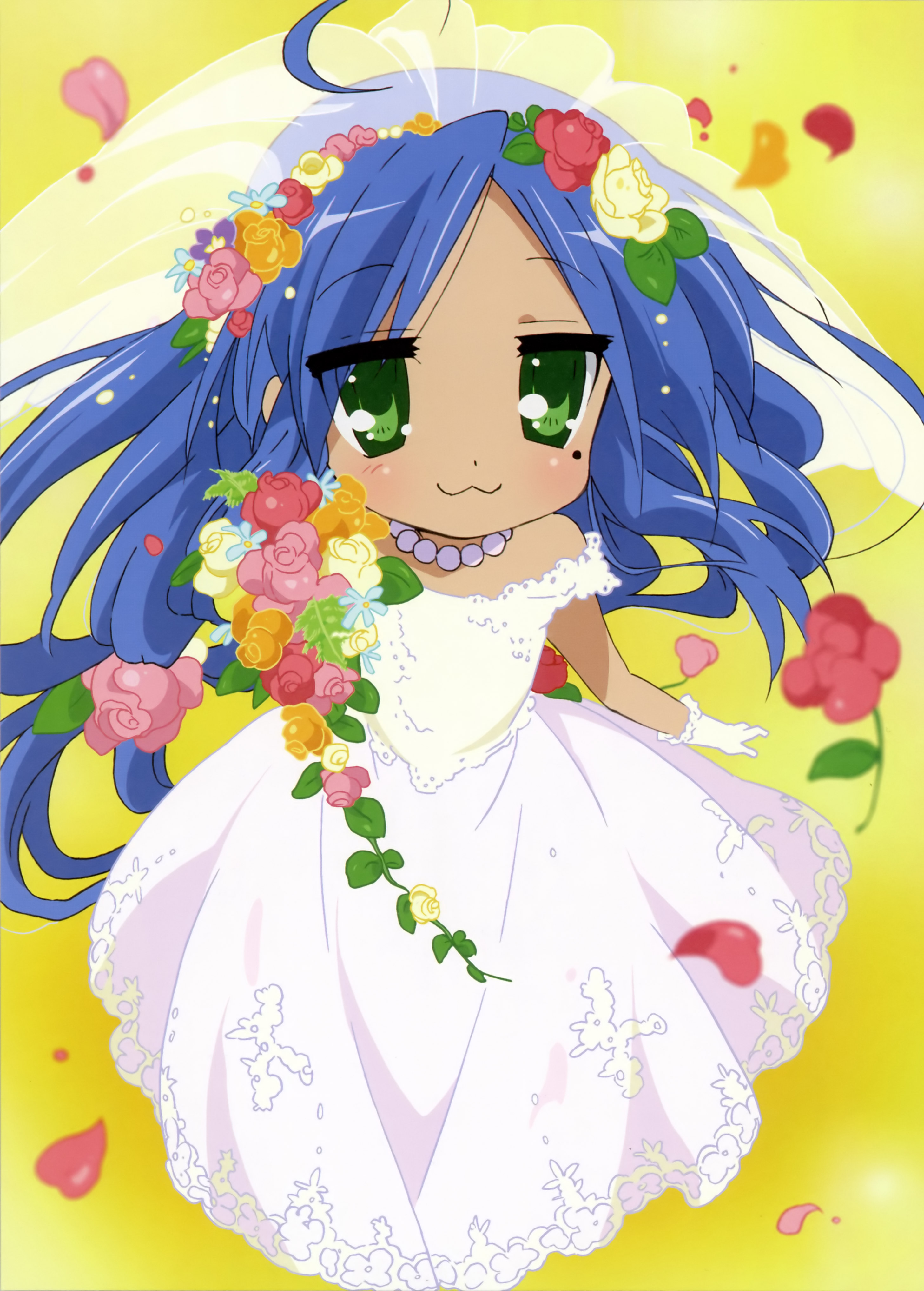 ueno chiyoko, izumi konata, lucky star, absurdres, highres, 00s, 1girl, :3, ahoge, bride, dress, female focus, mole, mole under eye, solo, wedding dress