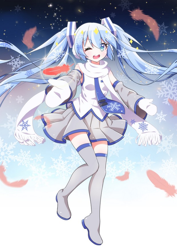 fuusen neko, hatsune miku, yuki miku, yuki miku (2011), vocaloid, commentary request, 1girl, blue eyes, blue hair, blue necktie, boots, detached sleeves, feathers, grey boots, grey skirt, grey sleeves, long hair, long sleeves, mittens, necktie, one eye closed, pleated skirt, red feathers, scarf, shirt, skirt, snowflakes, solo, teeth, thigh boots, tie clip, tongue, twintails, upper teeth only, very long hair, white mittens, white scarf, white shirt