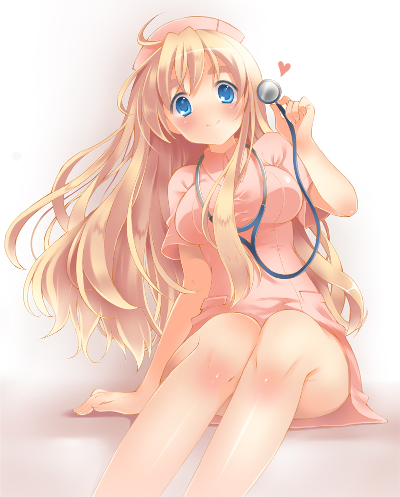 pan (mimi), kotobuki tsumugi, k-on!, bad id, bad pixiv id, 00s, 1girl, blonde hair, blue eyes, blush, breasts, female focus, hat, heart, leaning to the side, legs, long hair, nurse, nurse cap, sitting, smile, solo, stethoscope, thick eyebrows