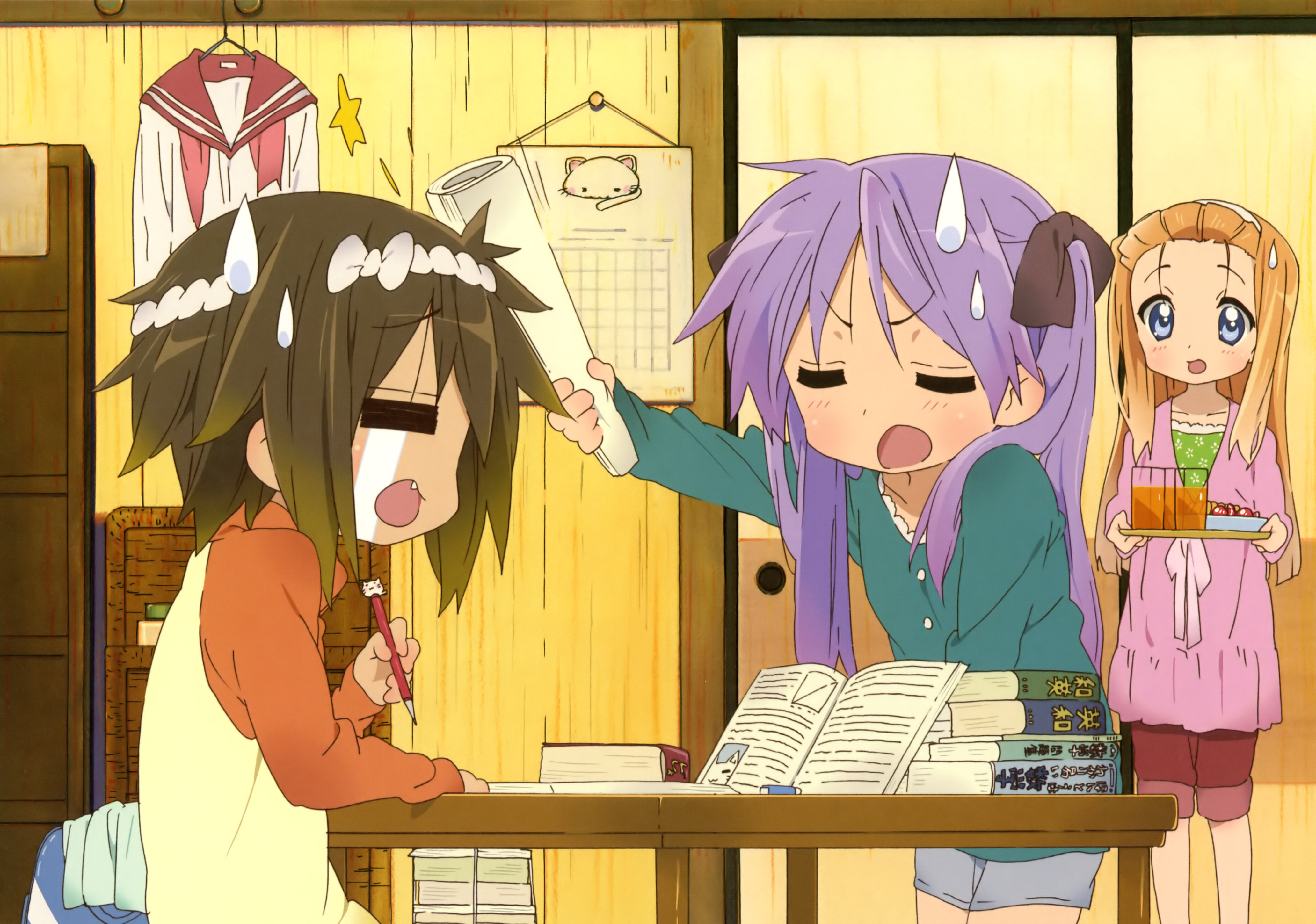 hiiragi kagami, kusakabe misao, minegishi ayano, lucky star, absurdres, highres, 00s, 3girls, :o, angry, blue eyes, brown hair, closed eyes, clothes hanger, crying, cup, indoors, long sleeves, multicolored hair, multiple girls, open mouth, outstretched arms, paper, purple hair, standing, streaked hair, sweatdrop, table, tray