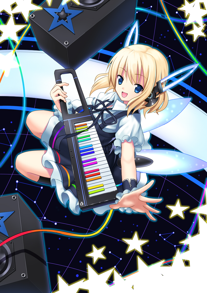 koi (koisan), original, bad id, bad pixiv id, highres, 1girl, android, blonde hair, blue eyes, female focus, instrument, keyboard, keyboard (instrument), keytar, rainbow, robot ears, solo, speaker, star (symbol), wings