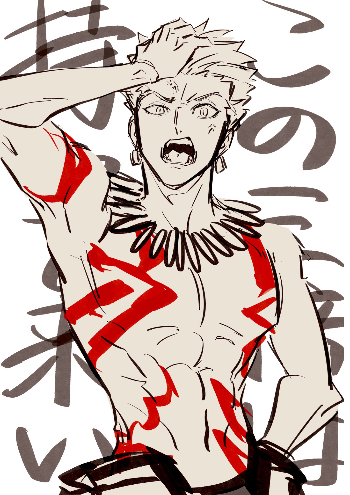 gilgamesh (fate), fate/grand order, fate (series), commentary request, highres, 1boy, anger vein, body markings, earrings, gurubo ige, hand in own hair, hand on own hip, jewelry, looking at viewer, male focus, necklace, open mouth, sepia, sketch, solo, spiked hair, teeth, toned, toned male, topless male, upper body