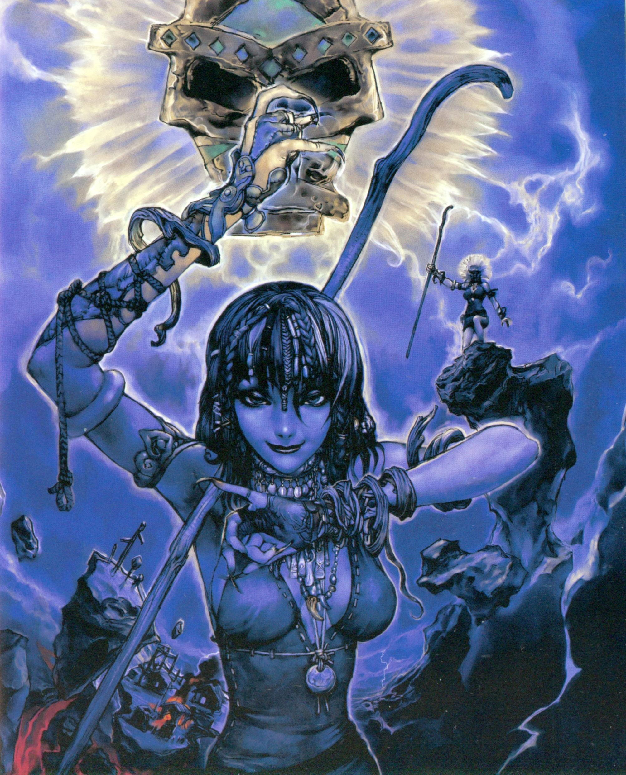 terada katsuya, absurdres, highres, scan, 2girls, bracelet, braid, breasts, cleavage, fingernails, jewelry, large breasts, long fingernails, multiple girls, nail (hardware), necklace