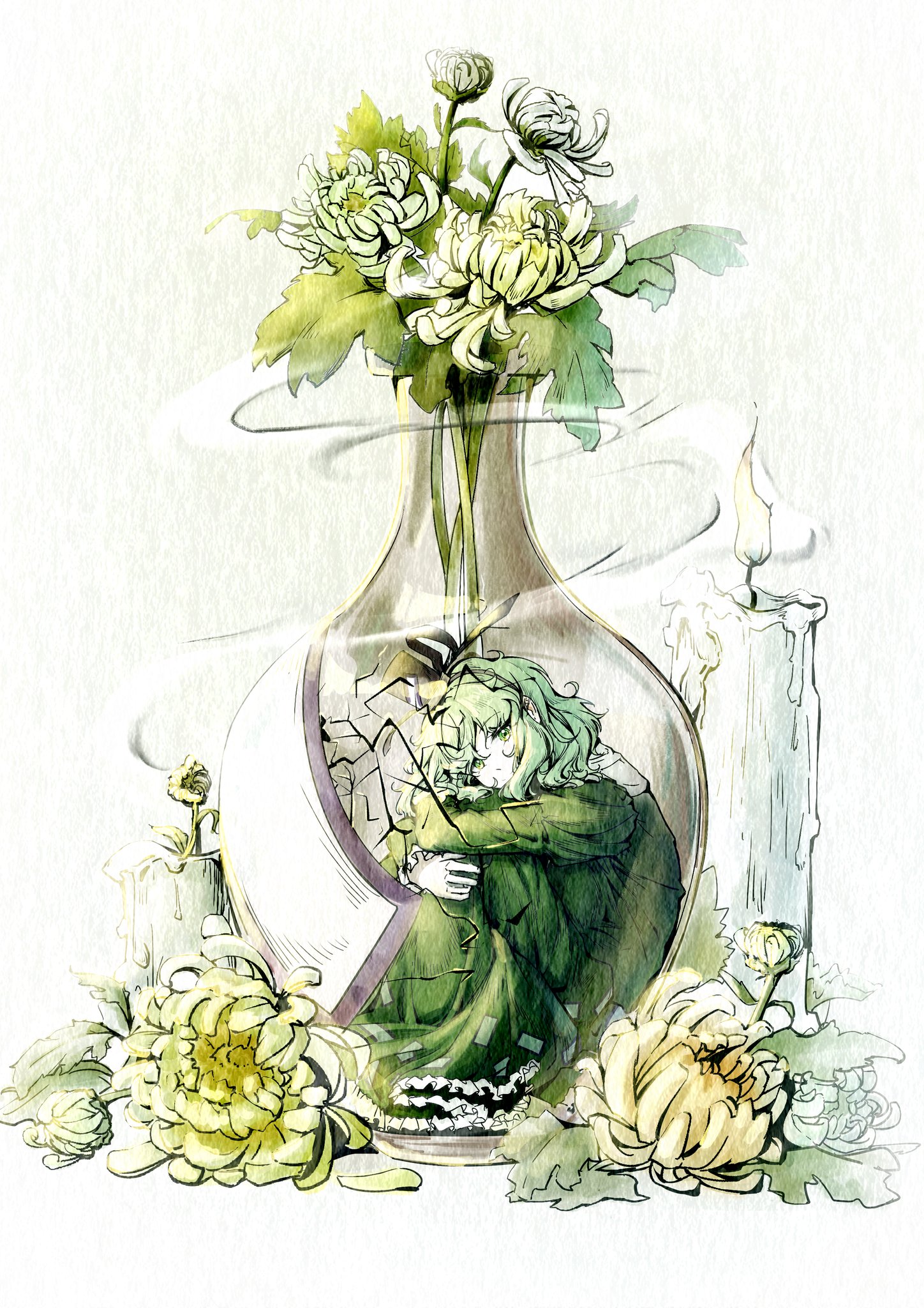 kaogumaster, soga no tojiko, touhou, commentary, highres, symbol-only commentary, 1girl, candle, dress, fire, flower, full body, green dress, green eyes, green hair, hat, hugging own legs, in container, knees up, long dress, long sleeves, looking at viewer, medium hair, paper texture, sitting, smoke, smoke trail, solo, tate eboshi, vase, white background, white flower