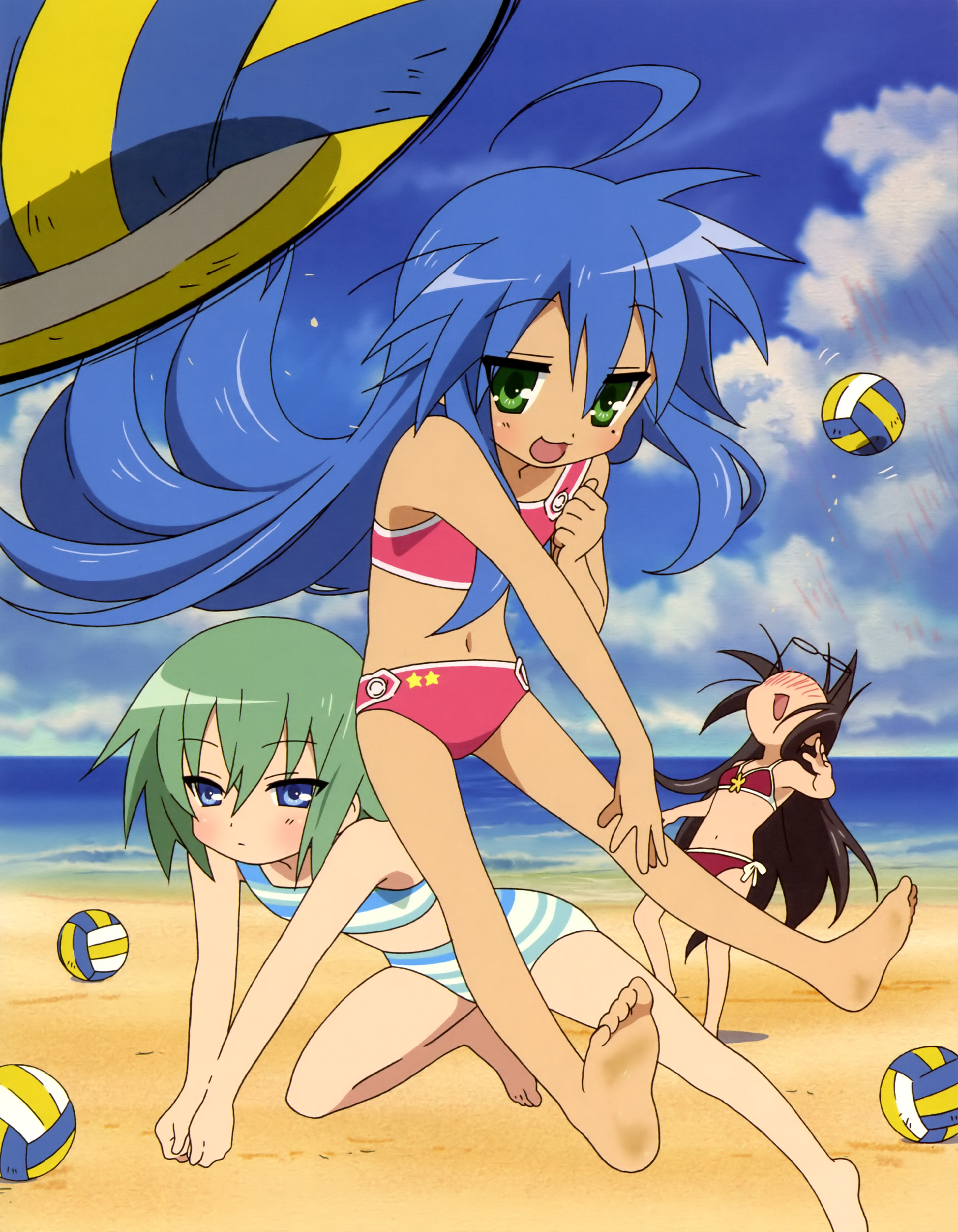 horiguchi yukiko, iwasaki minami, izumi konata, tamura hiyori, lucky star, absurdres, highres, official art, 00s, 3girls, ahoge, ball, barefoot, beach, beach volleyball, bikini, black hair, blue eyes, blue hair, blush, day, dirty, dirty feet, everyone, feet, flat chest, friends, glasses, green eyes, green hair, mole, mole under eye, multiple girls, ocean, short hair, smile, soles, swimsuit, toes, volleyball, volleyball (object), water