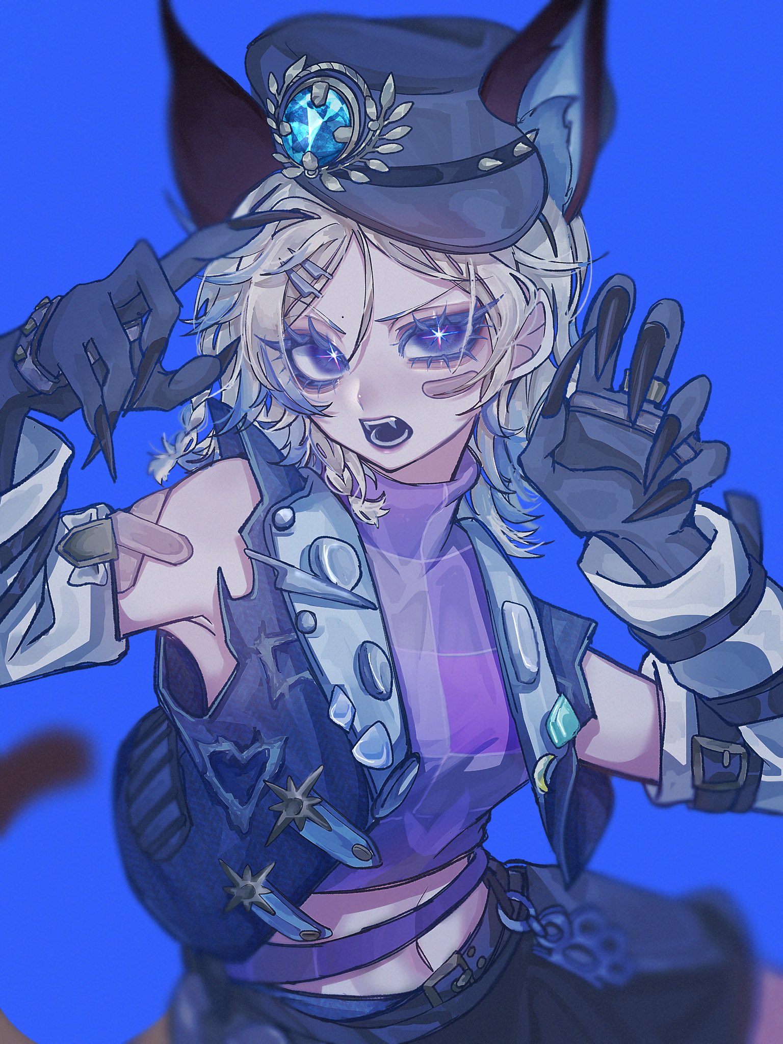 amanda gaddis (feast on this shore), identity v, commentary request, highres, 1girl, amanda gaddis, animal ears, bandaid, bandaid on arm, bandaid on face, black nails, black shorts, blonde hair, blue eyes, blue theme, blurry edges, braid, bright pupils, cat girl, claw pose, claws, colored extremities, colored tips, crop top, cropped vest, crossed bandaids, fangs, fingernails, fox ears, gradient hair, multicolored hair, navel, official alternate costume, open mouth, reki510, sharp fingernails, shorts, side braid, solo, sparkling eyes, turtleneck, upper body, vest, white pupils