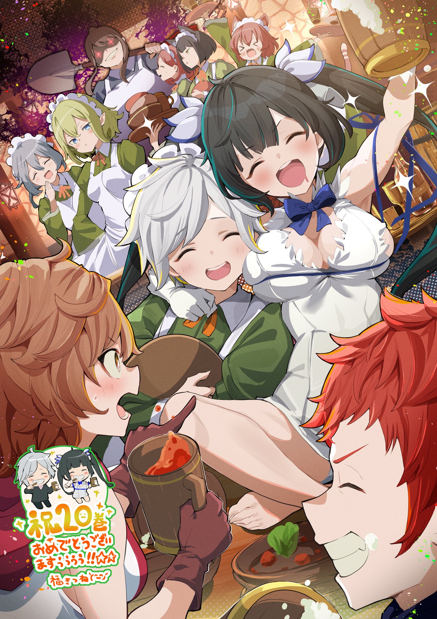 fuku kitsune (fuku fox), bell cranel, chloe rollo, hestia (danmachi), liliruca arde, lunoire faust, ryu lion, syr flover, welf crozzo, dungeon ni deai wo motomeru no wa machigatteiru darou ka, commentary request, highres, novel illustration, official art, second-party source, > <, 2boys, 6+girls, :d, :t, animal ears, anya fromel, apron, arm around neck, arm up, black hair, blue bow, blue bowtie, blue eyes, blue ribbon, blush, bow, bowtie, breast press, breasts, brown eyes, brown gloves, brown hair, can to cheek, cat ears, cat girl, cheek press, cleavage, cleavage cutout, closed eyes, clothing cutout, collared dress, crossdressing, crossdressing (mtf), cup, dress, drooling, drunk, elf, gloves, green dress, green hair, grey hair, grin, hand up, holding, holding cup, holding shovel, holding tray, indian style, juliet sleeves, large breasts, long hair, long sleeves, looking at another, maid headdress, mia grand, microdress, mouth drool, multiple boys, multiple girls, neck ribbon, on table, open mouth, orange ribbon, pointy ears, pout, puffy sleeves, red hair, rei no himo, ribbon, shaded face, short hair, shovel, sitting, sleeveless, sleeveless dress, small breasts, smile, sweatdrop, table, tankard, tight clothes, tight dress, tray, twintails, white apron, white dress, white gloves, white hair, white headdress, xd