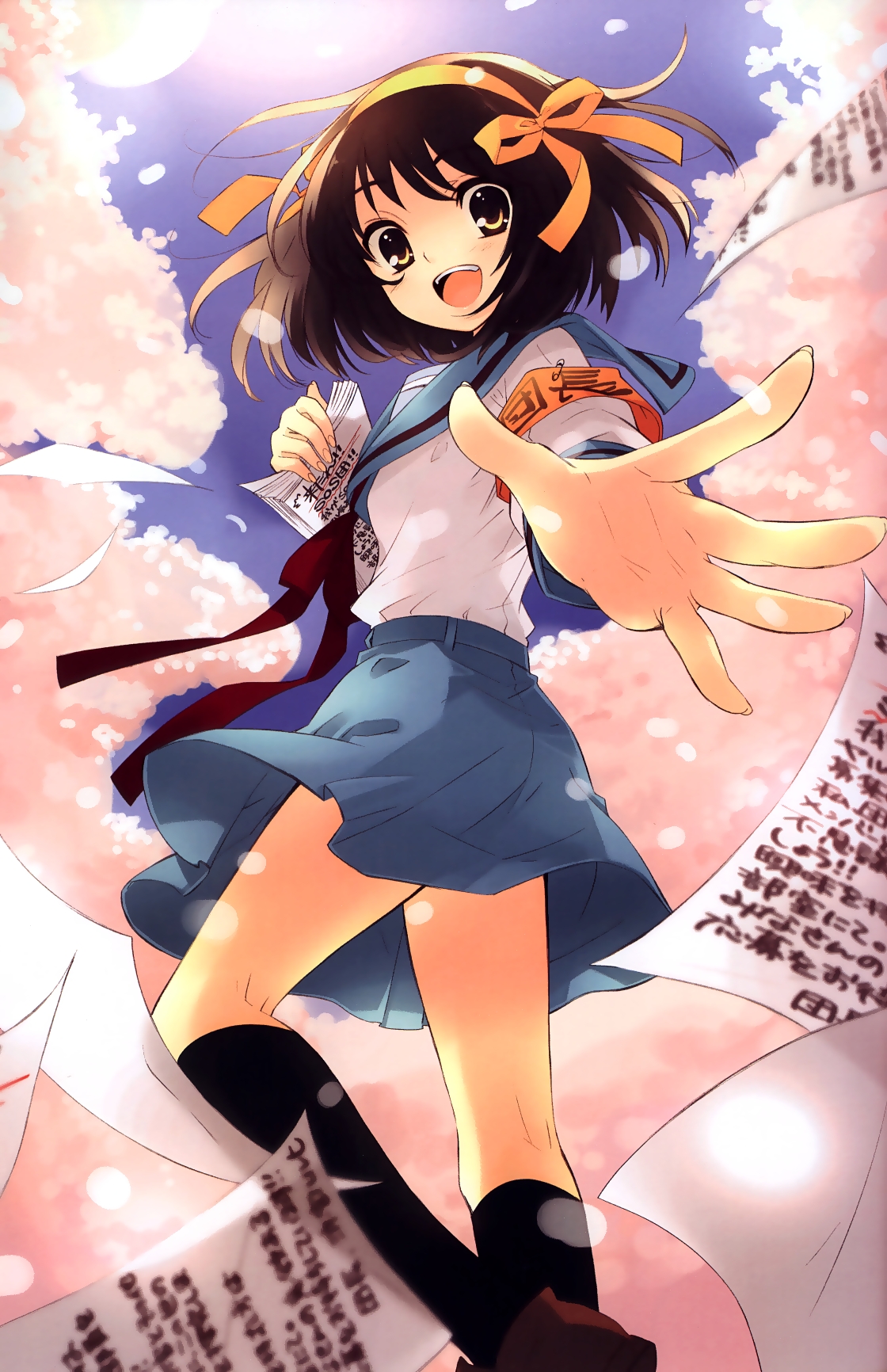 ito noizi, suzumiya haruhi, suzumiya haruhi no yuuutsu, highres, 00s, 1girl, :d, black socks, blue sky, brown eyes, brown hair, cherry blossoms, day, female focus, kneehighs, looking at viewer, open mouth, plant, school uniform, serafuku, short hair, sky, smile, socks, solo, spring (season), sun, sunlight, tree
