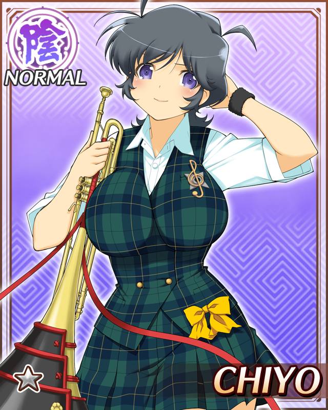 chiyo (senran kagura), senran kagura, senran kagura new wave, game cg, official art, 1girl, arm behind head, black hair, border, breasts, card (medium), character name, english text, green skirt, green vest, holding, holding instrument, holding trumpet, instrument, large breasts, looking at viewer, messy hair, official alternate costume, plaid clothes, plaid skirt, plaid vest, purple eyes, sakigei municipal academy school uniform, school uniform, scratching head, shirt, short hair, short sleeves, skirt, smile, solo, trumpet, vest, white shirt