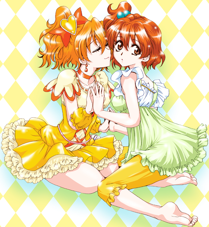 yatengetsu, cure pine, yamabuki inori, fresh precure!, precure, 00s, 2girls, argyle background, argyle clothes, barefoot, blonde hair, brown hair, dual persona, eyelashes, feet, hair ornament, heart, heart hair ornament, magical girl, multiple girls, skirt, time paradox, yellow skirt