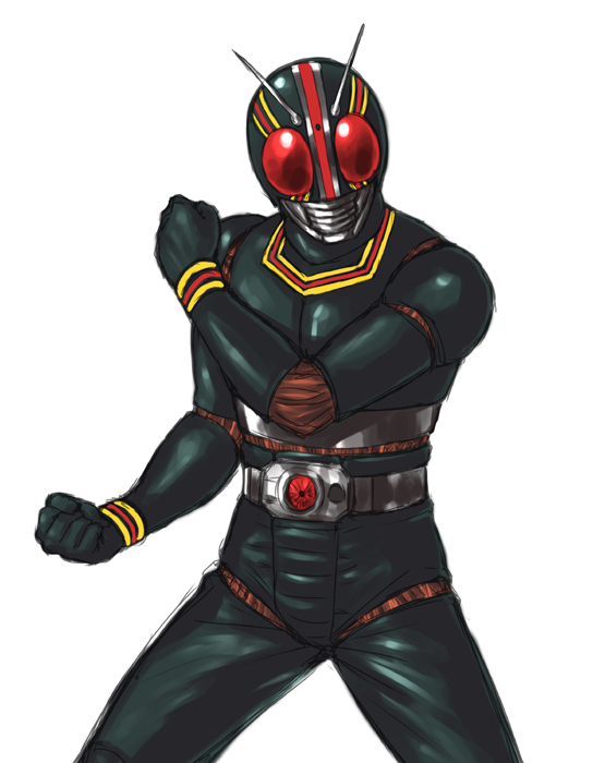 rokko, kamen rider black, kamen rider, kamen rider black (series), bad id, bad pixiv id, 1boy, antennae, belt, bodysuit, buckle, clenched hands, fighting stance, looking at viewer, male focus, simple background, solo, standing, white background