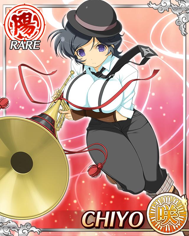 chiyo (senran kagura), senran kagura, senran kagura new wave, game cg, official art, 1girl, arm guards, arm under breasts, black hair, black hat, black necktie, black pants, border, bowler hat, breasts, card (medium), character name, english text, fingerless gloves, frown, german clothes, gloves, hat, holding, holding instrument, holding trumpet, instrument, large breasts, lederhosen, leg up, long hair, looking at viewer, messy hair, necktie, official alternate costume, pants, purple eyes, running, shirt, short hair, shuriken print, solo, suspenders, trumpet, white shirt