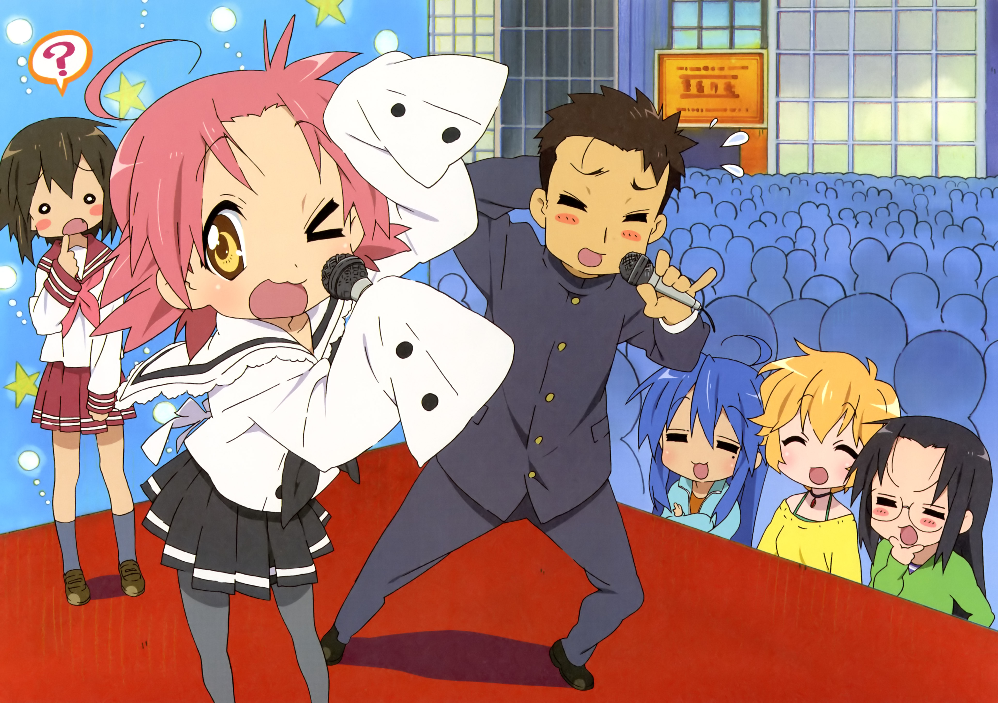 izumi konata, kogami akira, kusakabe misao, patricia martin, shiraishi minoru, tamura hiyori, lucky star, absurdres, highres, 00s, 1boy, 5girls, ahoge, multiple girls, music, pantyhose, school uniform, serafuku, singing