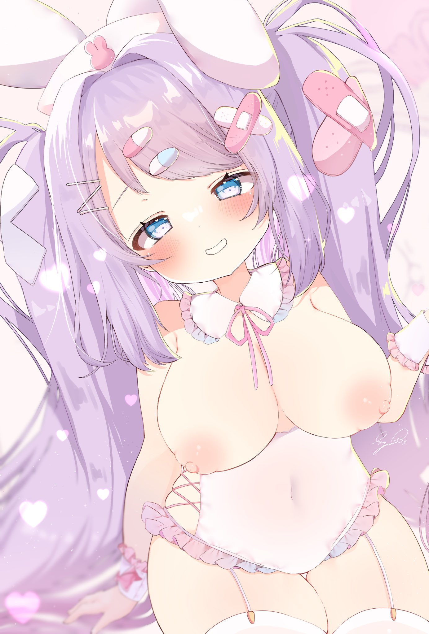 sena milk, hanae (blue archive), blue archive, 1girl, alternate costume, bandaid, bandaid hair ornament, blue eyes, blush, breasts, breasts out, collar, covered navel, detached collar, frilled collar, frilled cuffs, frilled leotard, frills, garter straps, hair ornament, hairclip, hat, large breasts, leotard, long hair, long twintails, nipples, nurse cap, pill hair ornament, pink background, playboy bunny, purple hair, rabbit ears, shortstack, smile, solo, thick thighs, thighhighs, thighs, twintails, white hat, white leotard, white thighhighs, wide hips, wrist cuffs
