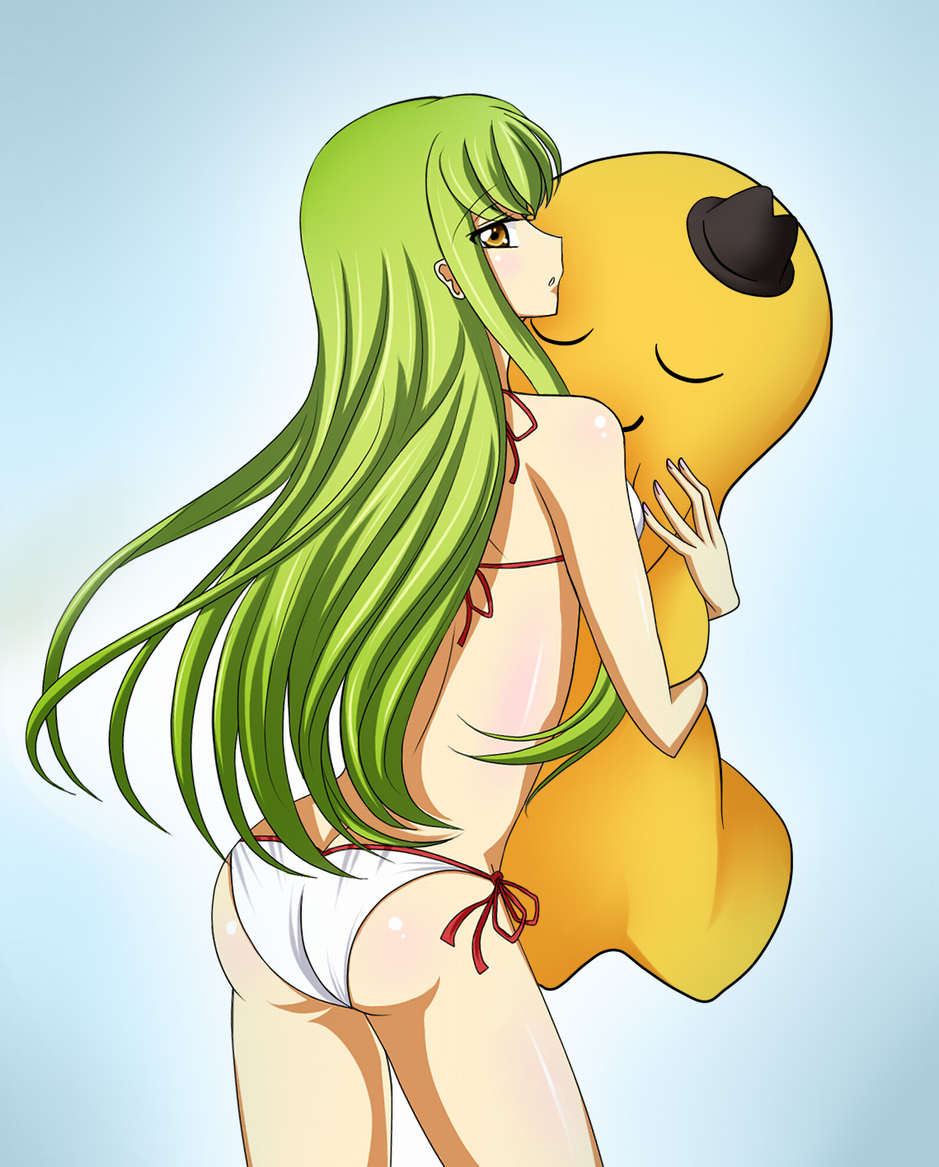 ccllsaikou, c.c., cheese-kun, code geass, pizza hut, bad id, bad pixiv id, 00s, 1girl, ass, bikini, butt crack, female focus, green hair, long hair, side-tie bikini bottom, solo, swimsuit, white bikini, yellow eyes