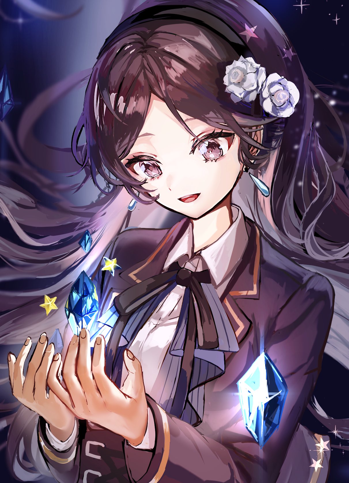 pipi (pipinavigation), original, commentary request, highres, 1girl, black bow, black bowtie, black hair, black hairband, bow, bowtie, brown eyes, brown hair, collared shirt, crystal, earrings, floating hair, hairband, jewelry, long hair, long sleeves, parted bangs, parted lips, shirt, smile, star (symbol), white shirt