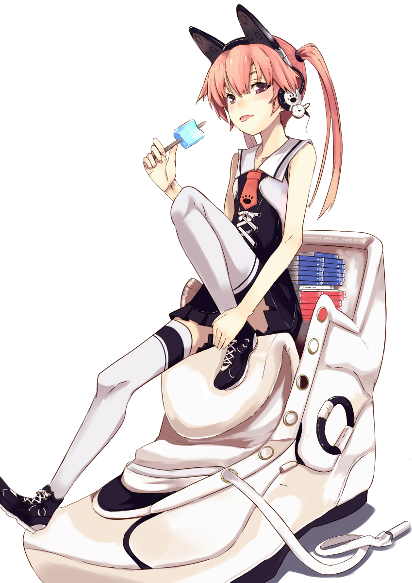 shiromiso, original, highres, :p, book, dress, food, headphones, long hair, pink hair, popsicle, purple eyes, shoes, sneakers, solo, thighhighs, tongue, tongue out, twintails, zettai ryouiki