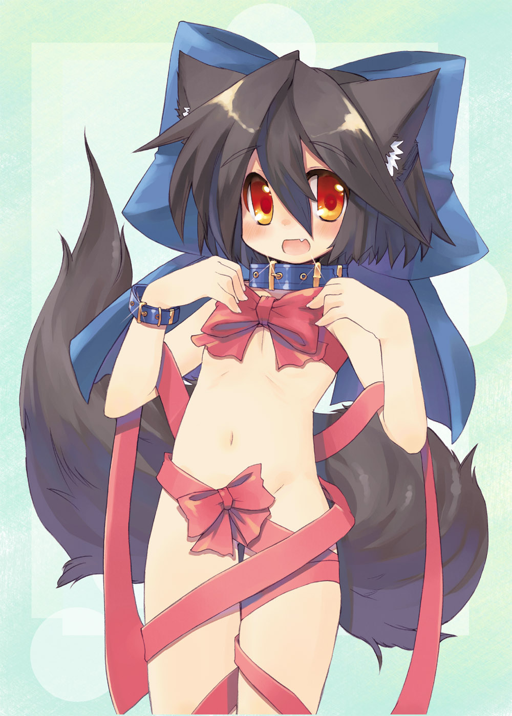 toba hiyoko, kannagi cocoa, original, highres, animal ears, collar, cuffs, fang, flat chest, hair ribbon, loli, naked ribbon, navel, nude, open mouth, red eyes, ribbon, solo, tail, yellow eyes