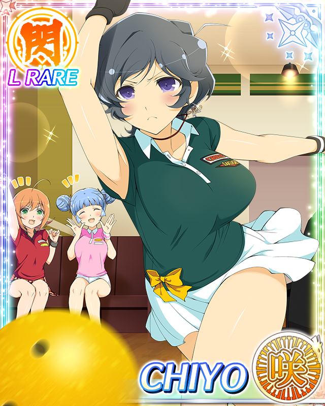 chiyo (senran kagura), kanon (senran kagura), kosuzu (senran kagura), senran kagura, senran kagura new wave, game cg, official art, 3girls, :d, ahoge, ball, black gloves, black hair, blue hair, border, bowling, bowling alley, bowling ball, bowling glove, breasts, card (medium), character name, cheering, closed eyes, closed mouth, double bun, english text, gloves, green eyes, green shirt, hair bun, jewelry, large breasts, messy hair, multiple girls, necklace, official alternate costume, open mouth, orange hair, pink shirt, playing sports, polo shirt, purple eyes, red shirt, serious, shirt, short hair, shuriken hair ornament, skirt, smile, solo focus, white skirt