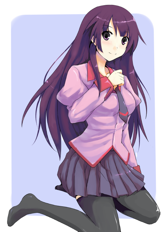 mugen houteishiki, mugenshiki, senjougahara hitagi, bakemonogatari, monogatari (series), bad id, bad pixiv id, 00s, 1girl, female focus, long hair, miniskirt, necktie, purple eyes, purple hair, school uniform, skirt, smile, solo, thighhighs