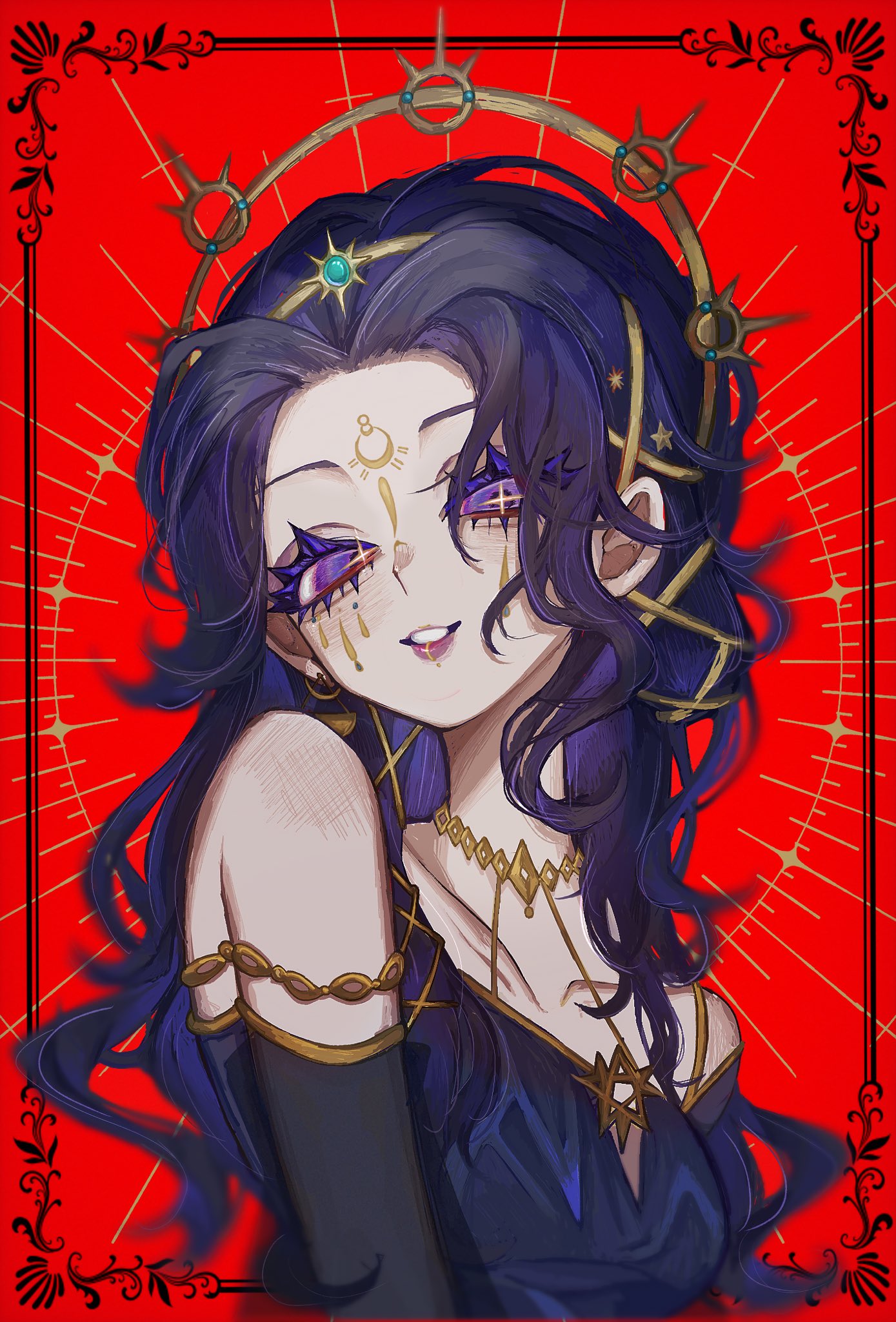 ada mesmer, ada mesmer (everlasting dream), identity v, commentary request, highres, 1girl, blue dress, border, dress, elbow gloves, eyelashes, facial mark, gloves, gold necklace, inset border, jewelry, long hair, looking at viewer, necklace, official alternate costume, ornate border, pink lips, purple eyes, purple hair, red background, reki510, smile, solo, sparkling eyes, upper body, wavy hair