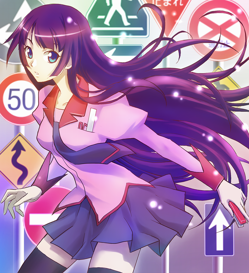 yusao, senjougahara hitagi, bakemonogatari, monogatari (series), 00s, blue eyes, long hair, miniskirt, necktie, purple hair, school uniform, skirt, solo, stapler, stationery, thighhighs, zettai ryouiki