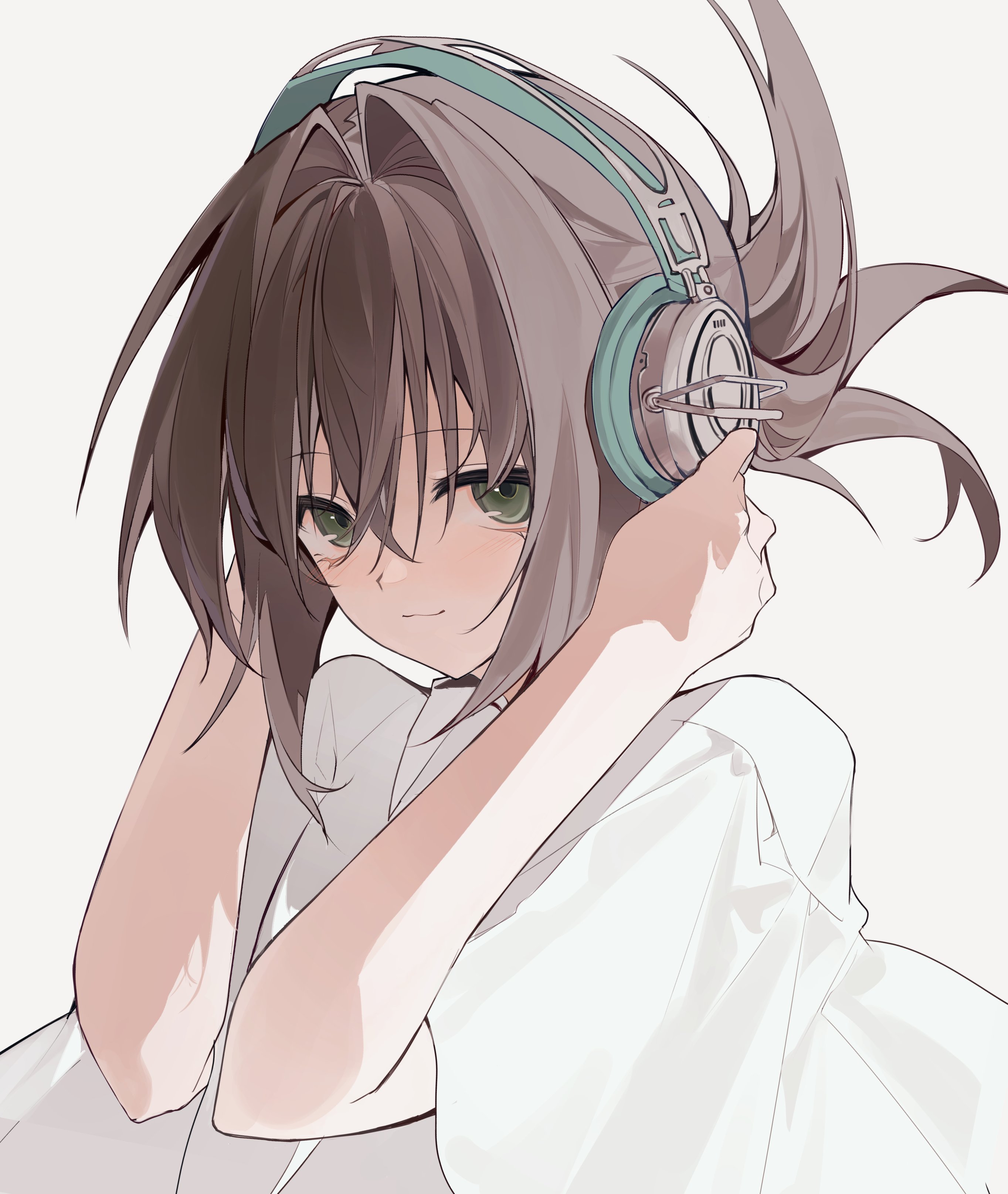 visinss, tachibana kimika, subarashiki hibi, absurdres, highres, 1girl, :3, brown hair, capelet, collared shirt, folded ponytail, green eyes, hair between eyes, hair intakes, hands on headphones, hands up, headphones, looking at viewer, medium hair, shirt, simple background, solo, upper body, white background, white capelet, white shirt