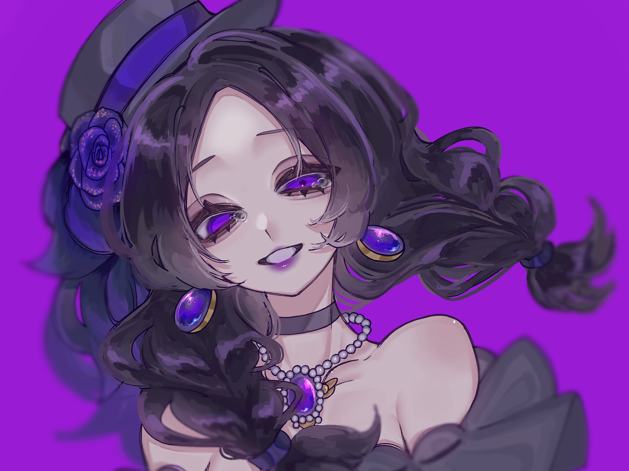 anne lester (hidden), identity v, commentary request, highres, 1girl, anne lester, black choker, black hair, braid, choker, earrings, eyelashes, floating clothes, floating hair, flower, gem, hat, jewelry, looking at viewer, mismatched pupils, necklace, off shoulder, official alternate costume, pearl necklace, pendant, porkpie hat, portrait, purple flower, purple gemstone, purple lips, purple rose, purple theme, raised eyebrows, reki510, rose, side part, solo, tearing up, twin braids